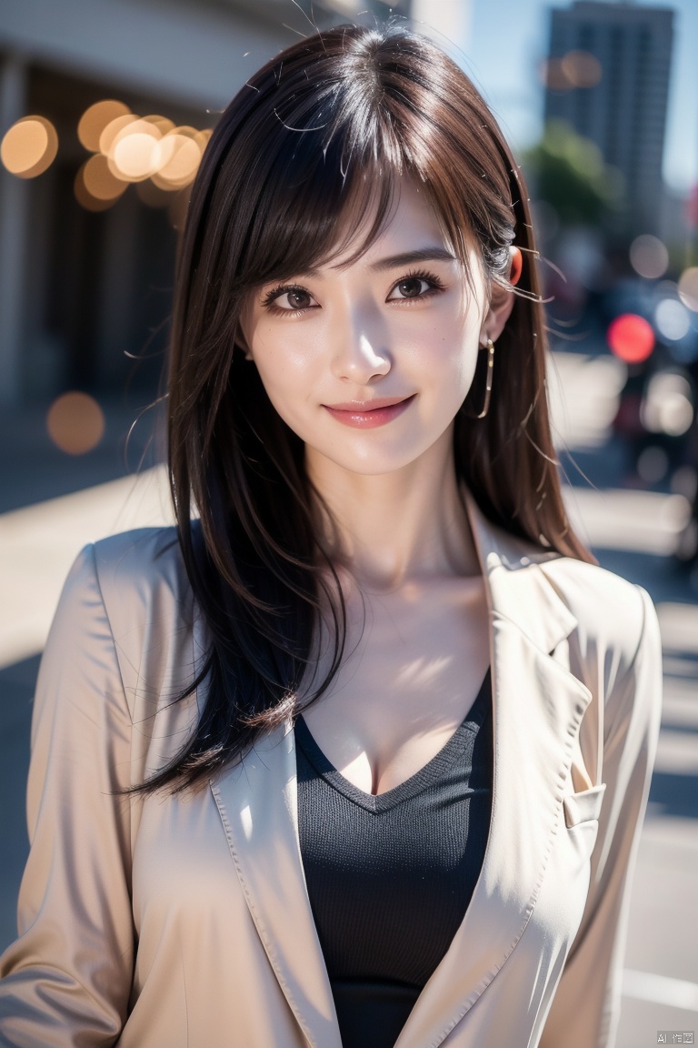 (Highly detailed CG Unity 8K wallpaper, highest quality, Super detailed, look at the camera, light shines on your face, gray background, professional lighting), Japan female, 26 years old, Upper body composition with brightly lit face. She has an oval face, soft arched eyebrows, bright expressive eyes,, pronounced nose, And a friendly smile. Her hair is shoulder-length, straight, Dyed a light chestnut color. she is wearing a smart casual blouse, Probably soft colors, Paired with a chic blazer, Embody her lively and sociable personality, mimi