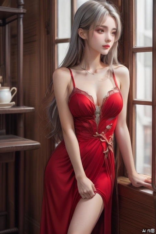 1girl, solo, long hair, breasts, looking at viewer, silver hair, dress, cleavage, bare shoulders, medium breasts, sitting, closed mouth, collarbone, indoors, red dress, lips,  realistic, red lips,jxmn,standing