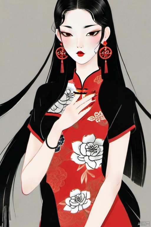 1girl, solo, long hair, looking at viewer, black hair, dress, holding, jewelry, upper body, earrings, hand up, grey background, nail polish, black eyes, makeup, chinese clothes, floral print, red dress, ring, lipstick, red nails, red lips,Chinese  girl