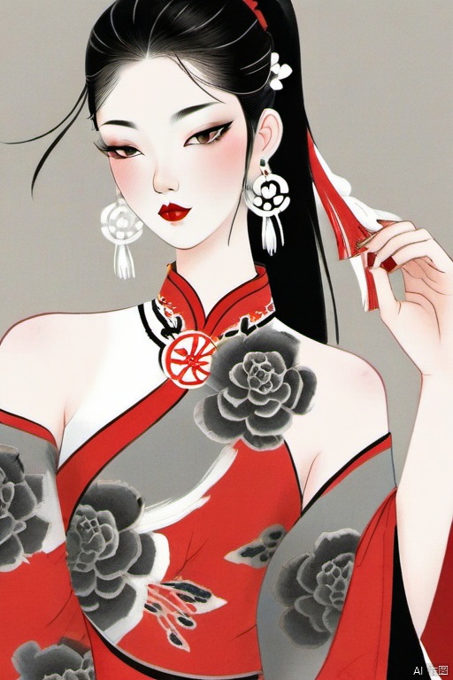 1girl, solo, long hair, looking at viewer, black hair, dress, holding, jewelry, upper body, earrings, hand up, grey background, nail polish, black eyes, makeup, chinese clothes, floral print, red dress, ring, lipstick, red nails, red lips,Chinese girl,chinese girl