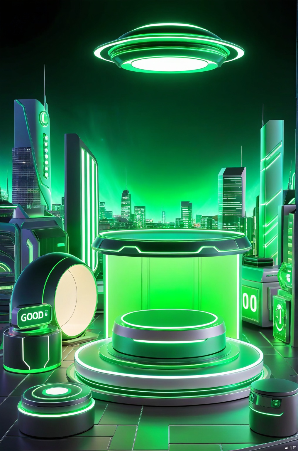 E-commerce booth, a round podium on the ground in the middle,  

green futuristic scene theme, 
Cityscape, Neon, UFO in the sky, glowing beam in the background, 

professional 3d model, anime artwork pixar, 3d style, good shine, OC rendering, highly detailed, volumetric, dramatic lighting,