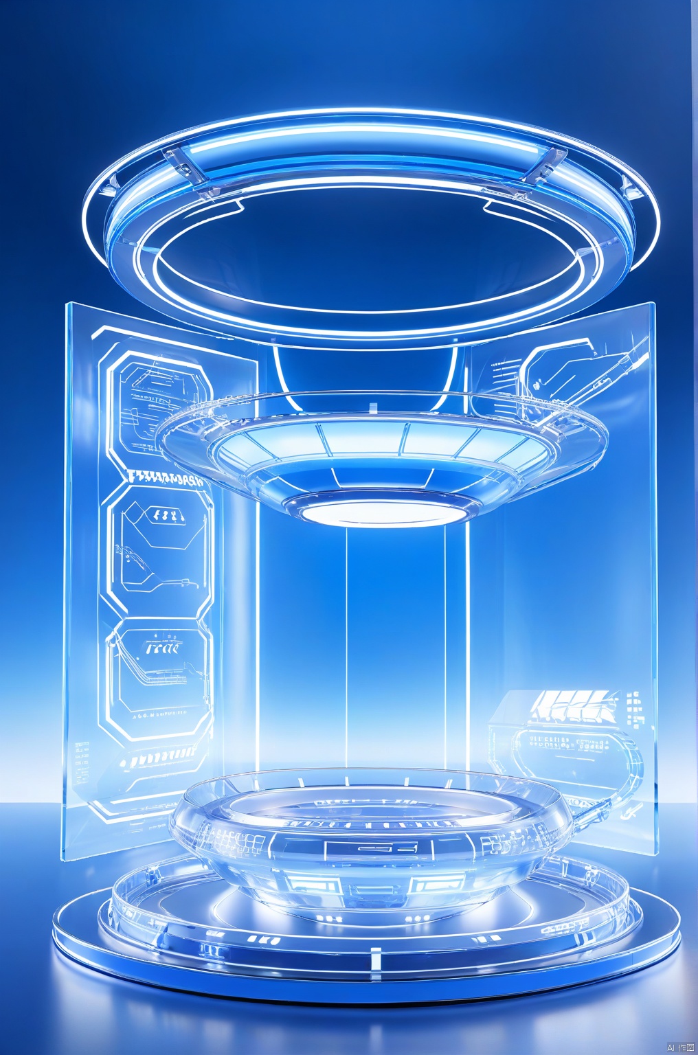 E-commerce booth,  blue theme, 

A futuristic scene unfolds: a sleek, metallic spaceship hovers above a transparent glass platform, its circuitry and wiring visible beneath the surface. The ship's curved design reflects off the glass, creating a mesmerizing play of light and shadow. 

professional 3d model, anime artwork pixar, 3d style, good shine, OC rendering, highly detailed, volumetric, dramatic lighting,