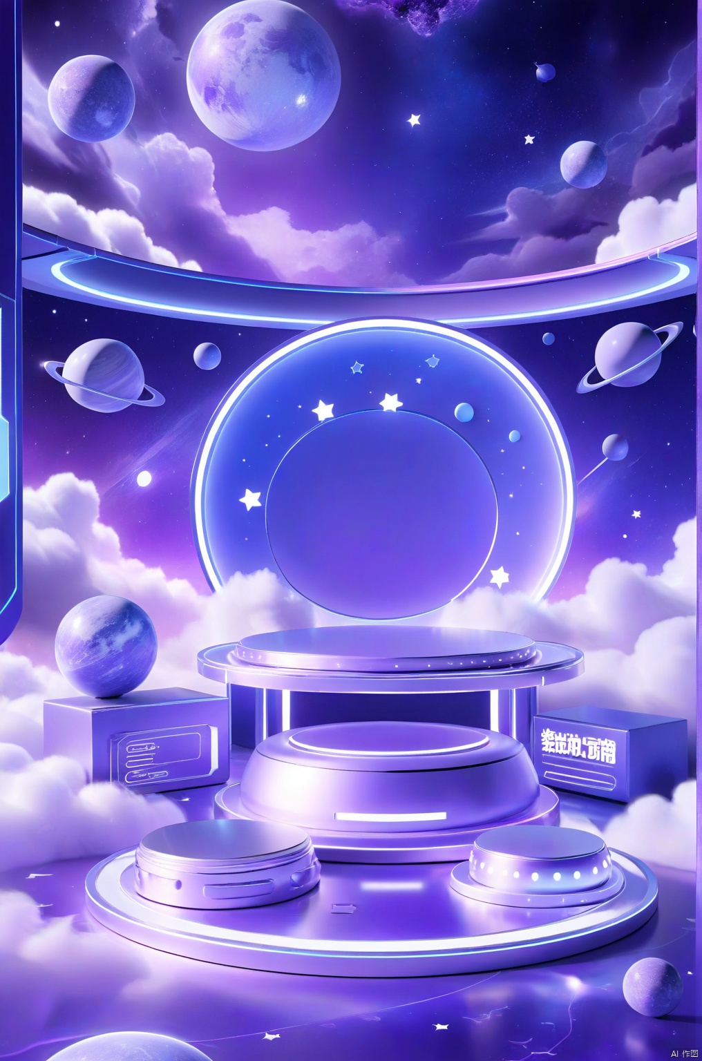 E-commerce booth, a round podium on the ground in the middle,  

purple futuristic scene theme, 
clouds, starry sky, planets in the sky, glowing beam in the background, 

professional 3d model, anime artwork pixar, 3d style, good shine, OC rendering, highly detailed, volumetric, dramatic lighting,