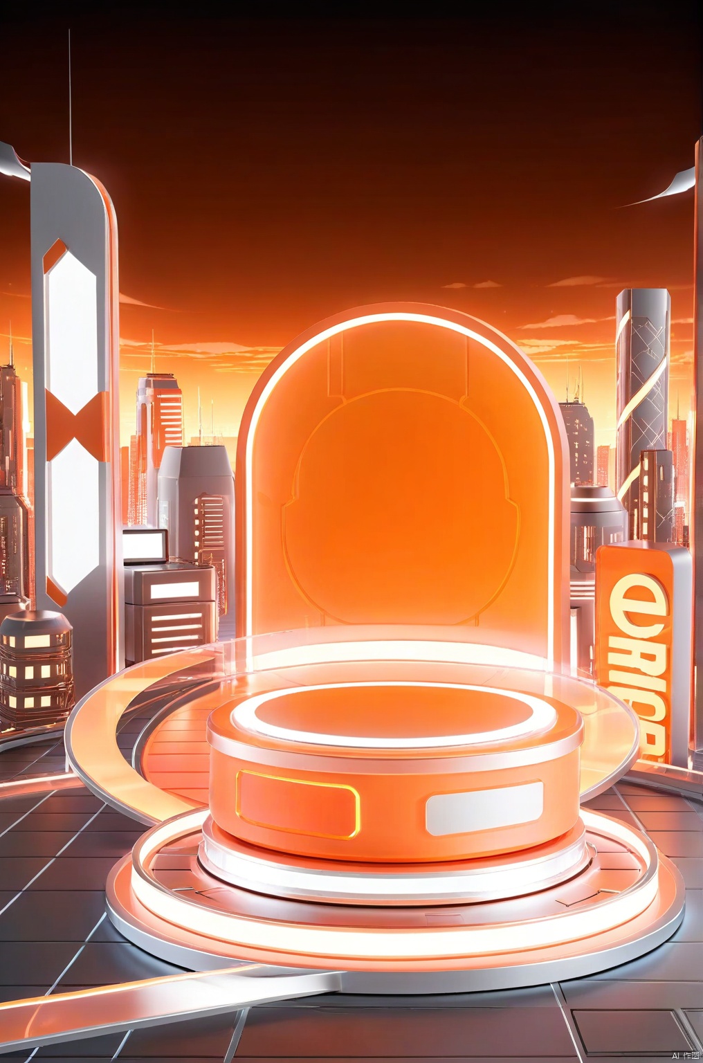 E-commerce booth, a round podium on the ground in the middle,  

orange futuristic scene theme, 
Cityscape, Neon, glowing beam in the background, 

professional 3d model, anime artwork pixar, 3d style, good shine, OC rendering, highly detailed, volumetric, dramatic lighting,