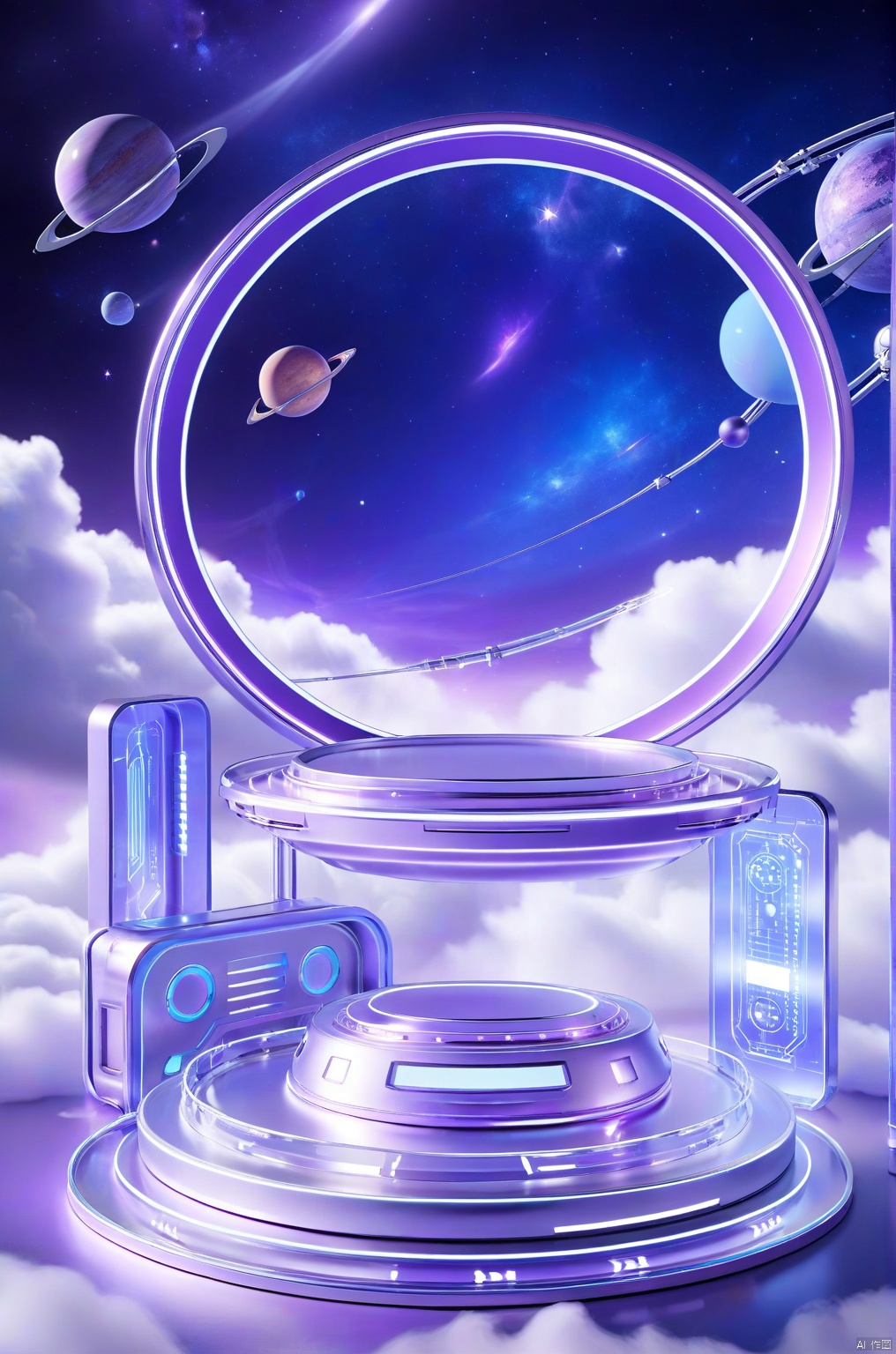 E-commerce booth, a round podium on the ground in the middle,  

purple futuristic scene theme, 
clouds, starry sky, planets in the sky, glowing beam in the background, 
a sleek, metallic spaceship hovers above a transparent glass platform, its circuitry and wiring visible beneath the surface. The ship's curved design reflects off the glass, creating a mesmerizing play of light and shadow. 

professional 3d model, anime artwork pixar, 3d style, good shine, OC rendering, highly detailed, volumetric, dramatic lighting,