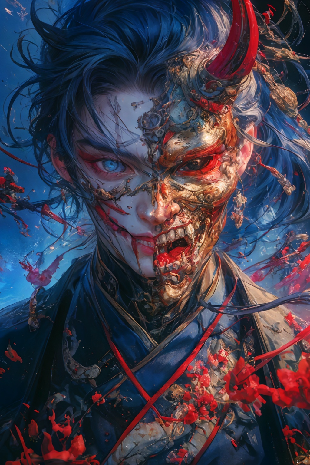 solo, long hair, looking at viewer, blue eyes, black hair, hair ornament, long sleeves, 1boy, jewelry, blue hair, upper body, ponytail, flower, male focus, japanese clothes, kimono, blurry, red ribbon, sash, petals, mask, floating hair, glowing, cherry blossoms, wind, tassel, motion blur, branch, covered mouth, hair stick, black kimono, hair pulled back, oni mask, dofas