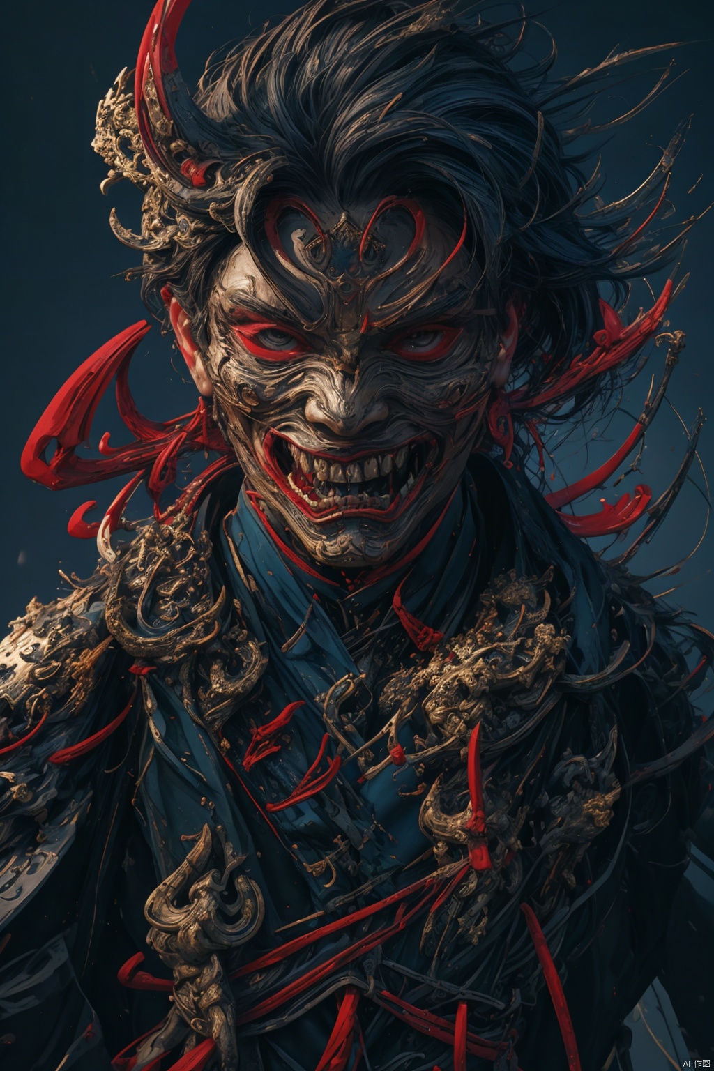solo, long hair, looking at viewer, blue eyes, black hair, hair ornament, long sleeves, 1boy, jewelry, blue hair, upper body, ponytail, flower, male focus, japanese clothes, kimono, blurry, red ribbon, sash, petals, mask, floating hair, glowing, cherry blossoms, wind, tassel, motion blur, branch, covered mouth, hair stick, black kimono, hair pulled back, oni mask, dofas