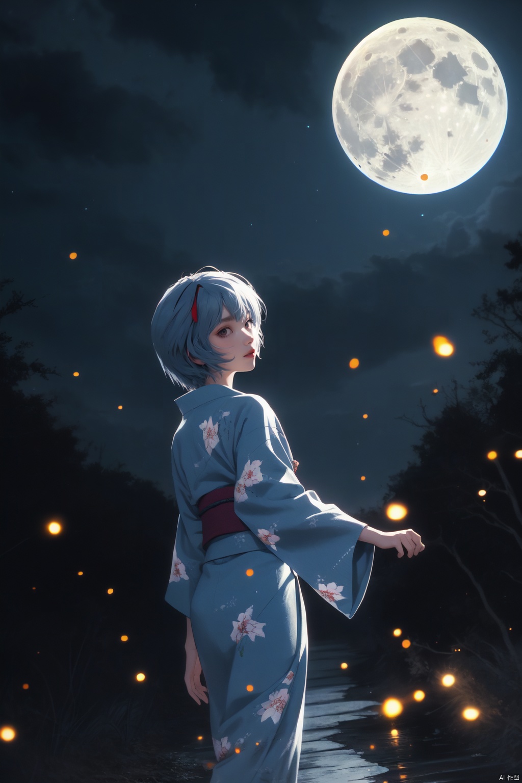 eva style,(otherworldly, otherworldly atmosphere, otherworldly appearance),highly insanely detailed,masterpiece,top quality,best quality,highres,4k,8k,RAW photo,
depth of field,focused,foreshortening,cowboy shot,
1girl,(ayanami rei),solo,yukata,blue kimono,obi,blue hair,(red eyes:1.2),night,short hair,full moon,cloud,fireflies,looking back,sky,