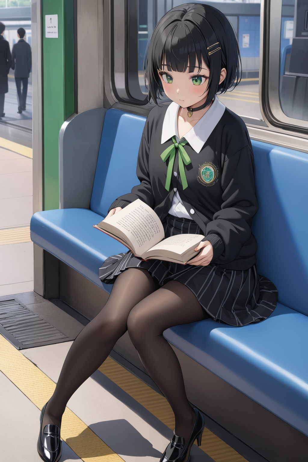 young girl ,  reading book ,  at a local area station on Tensor.Art