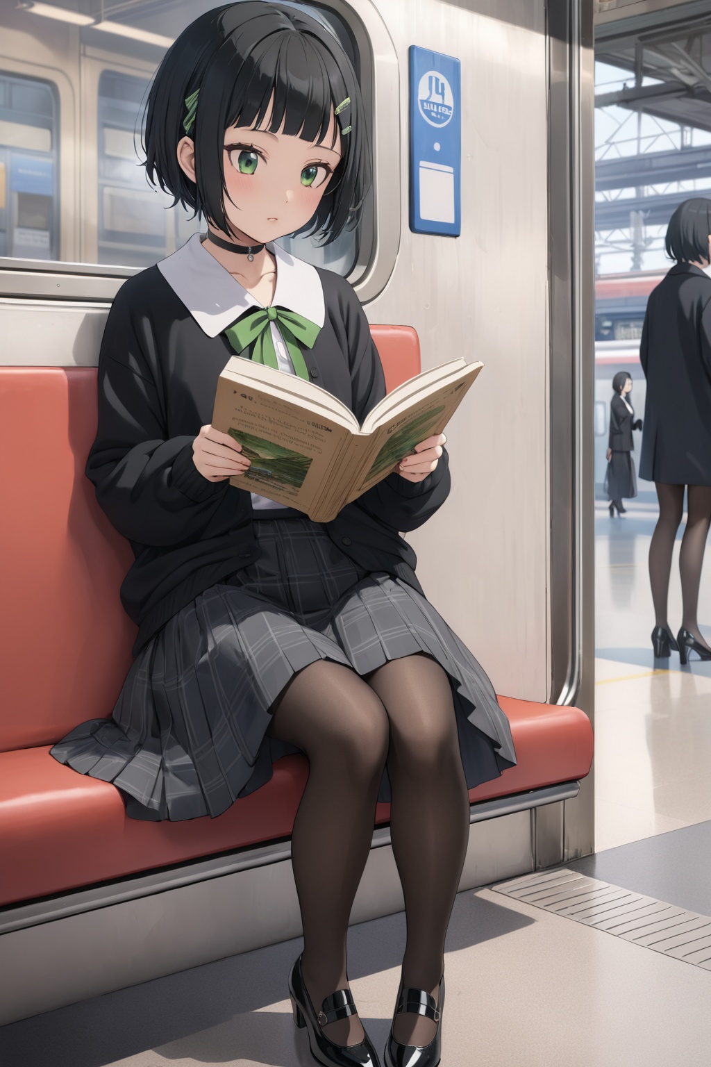 young girl ,  reading book ,  at a local area station on Tensor.Art