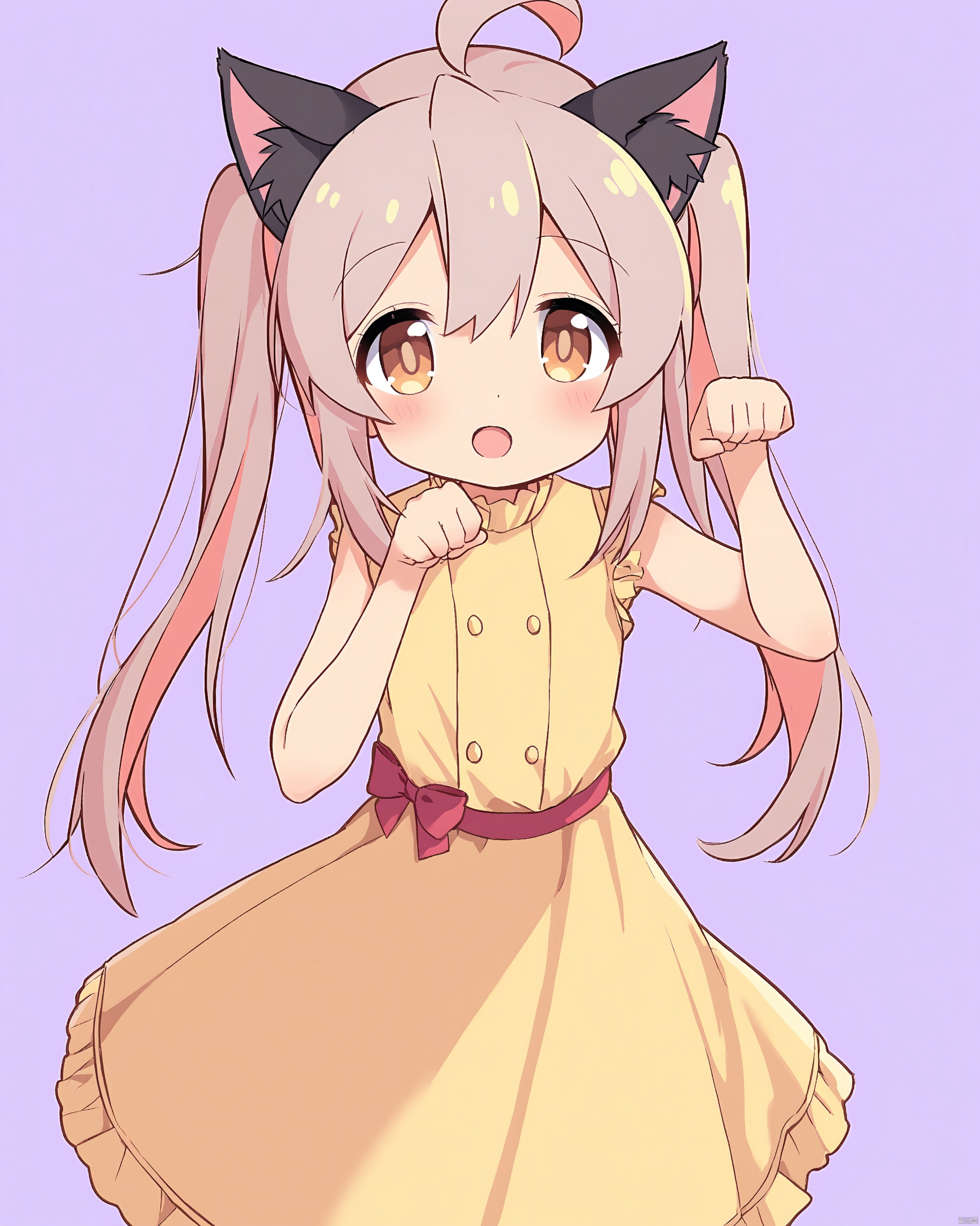 onii-chan_wa_oshimai!,1girl, absurdres, ahoge, animal_ear_fluff, animal_ears, bare_arms, brown_eyes, cat_ears, commentary, dress, extra_ears, highres, kemonomimi_mode, long_hair, looking_at_viewer, onii-chan_wa_oshimai!, open_mouth, oyama_mahiro, paw_pose, simple_background, sleeveless, sleeveless_dress, solo, twintails, white_background, yellow_dress, yuuki_\(reiwa\)