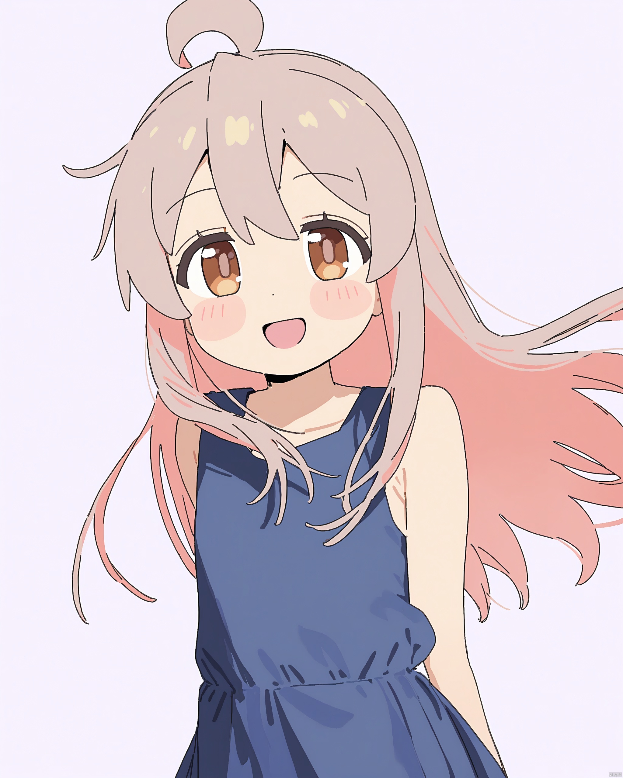 onii-chan_wa_oshimai!,1girl, :d, blue_dress, blush_stickers, brown_eyes, brown_hair, dress, flat_chest, genderswap, genderswap_\(mtf\), highres, jiryu50610218, long_hair, looking_at_viewer, multicolored_hair, onii-chan_wa_oshimai!, open_mouth, oyama_mahiro, pink_hair, simple_background, sleeveless, sleeveless_dress, smile, solo, thighs, two-tone_hair, white_background