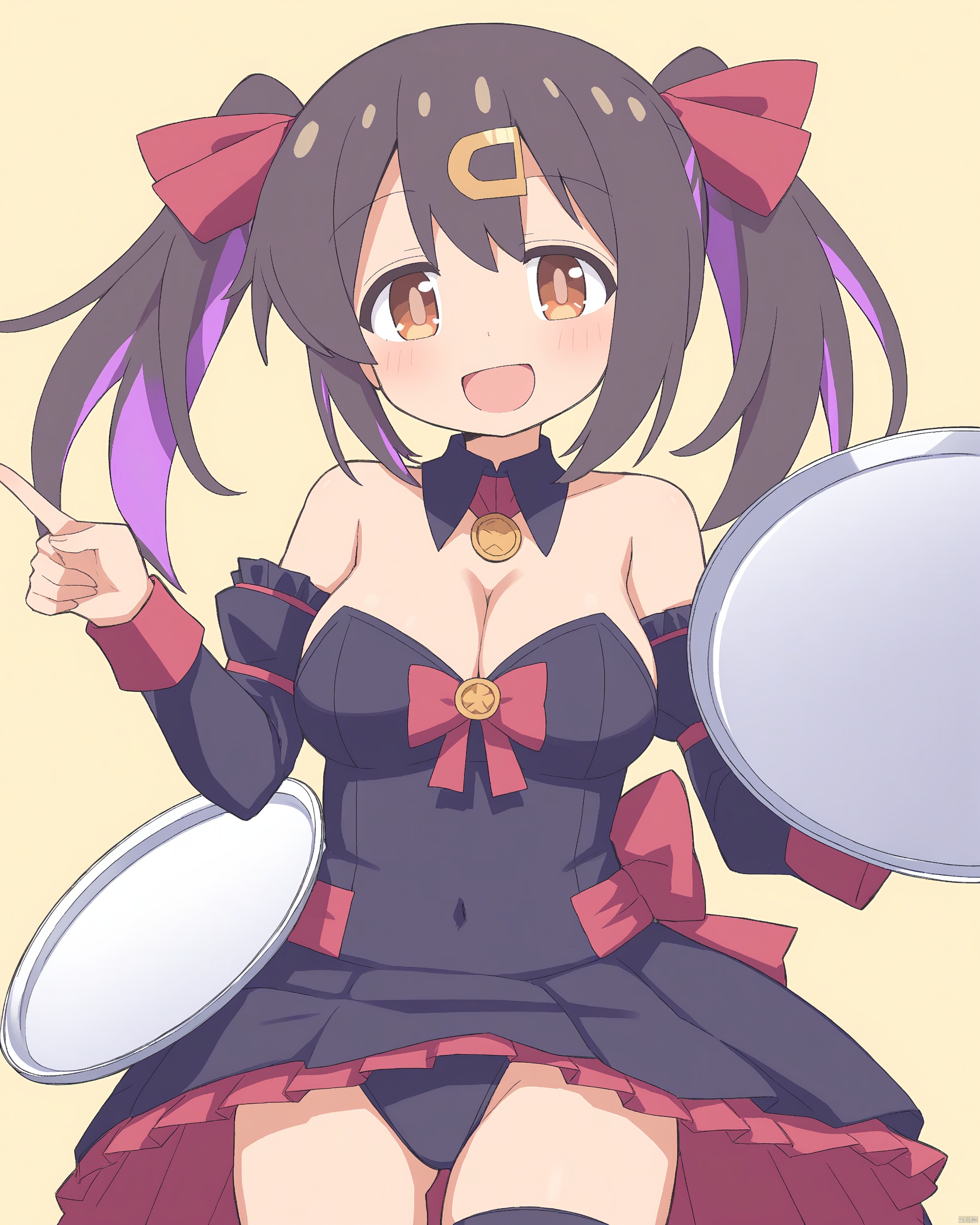 onii-chan_wa_oshimai!,1girl, :d, angel_mort, bare_shoulders, black_hair, black_leotard, black_skirt, bow, breasts, brown_eyes, cleavage, commentary, covered_navel, cowboy_shot, detached_collar, detached_sleeves, dot_nose, hair_ornament, hair_ribbon, hairclip, highres, higurashi_no_naku_koro_ni, holding, holding_tray, index_finger_raised, leotard, long_hair, long_sleeves, looking_at_viewer, medium_breasts, multicolored_hair, onii-chan_wa_oshimai!, open_mouth, oyama_mihari, purple_hair, ribbon, rundraw, showgirl_skirt, simple_background, skirt, smile, solo, strapless, strapless_leotard, thighhighs, tray, twintails, two-tone_hair, waist_bow, waitress, yellow_background