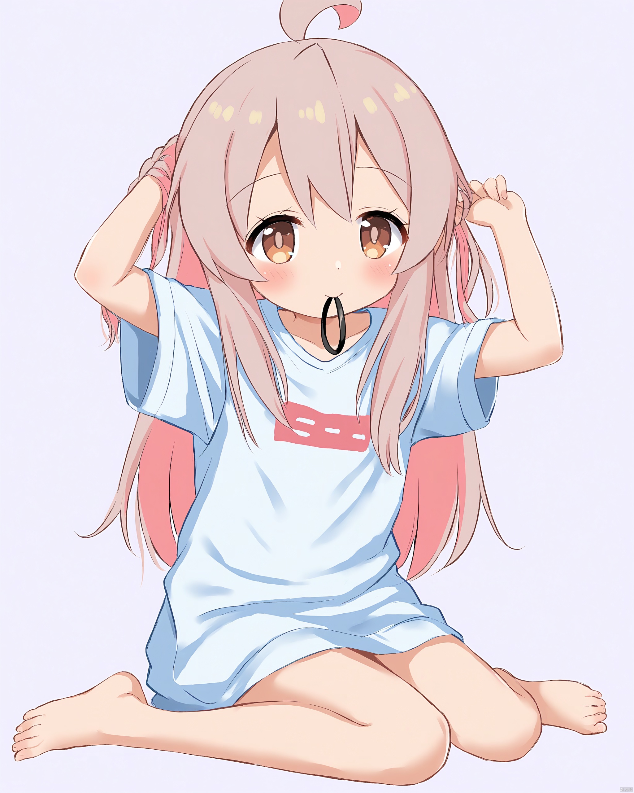 onii-chan_wa_oshimai!,1girl, ahoge, bare_legs, barefoot, brown_eyes, commentary, full_body, hair_tie_in_mouth, holding, holding_own_hair, long_hair, looking_at_viewer, mouth_hold, nakunaro, onii-chan_wa_oshimai!, oversized_clothes, oyama_mahiro, pink_hair, shirt, short_sleeves, simple_background, sitting, solo, t-shirt, tying_hair, wariza, white_background, white_shirt