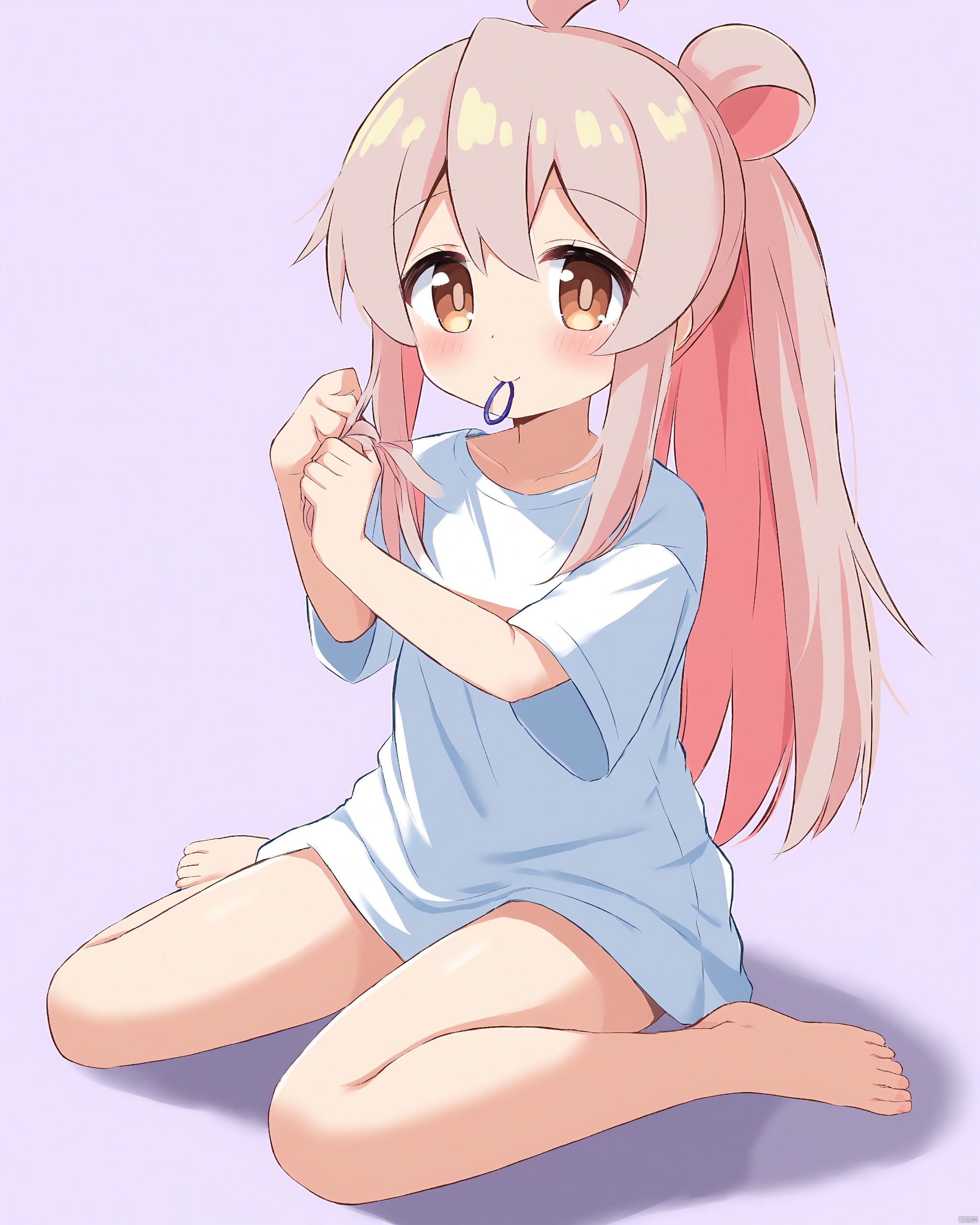 onii-chan_wa_oshimai!,1girl, ahoge, bare_legs, barefoot, brown_eyes, commentary, full_body, hair_tie_in_mouth, holding, holding_own_hair, long_hair, looking_at_viewer, mouth_hold, nakunaro, onii-chan_wa_oshimai!, oversized_clothes, oyama_mahiro, pink_hair, shirt, short_sleeves, simple_background, sitting, solo, t-shirt, tying_hair, wariza, white_background, white_shirt