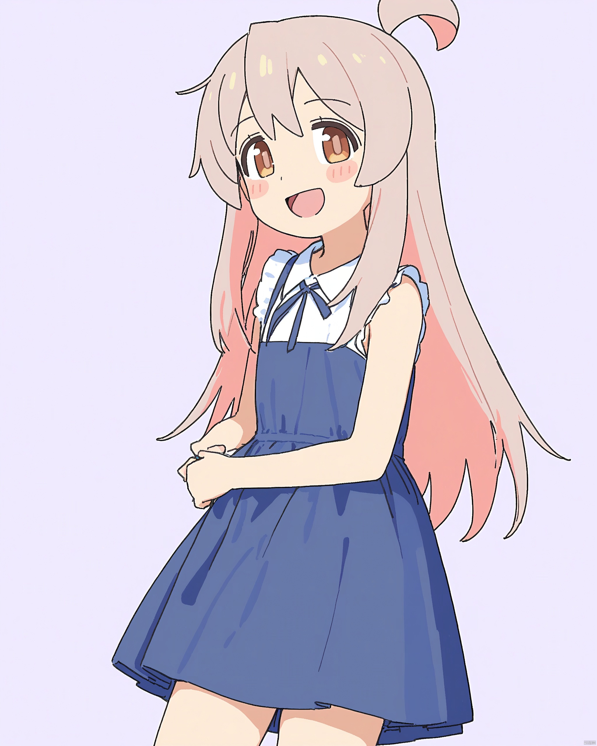 onii-chan_wa_oshimai!,1girl, :d, blue_dress, blush_stickers, brown_eyes, brown_hair, dress, flat_chest, genderswap, genderswap_\(mtf\), highres, jiryu50610218, long_hair, looking_at_viewer, multicolored_hair, onii-chan_wa_oshimai!, open_mouth, oyama_mahiro, pink_hair, simple_background, sleeveless, sleeveless_dress, smile, solo, thighs, two-tone_hair, white_background