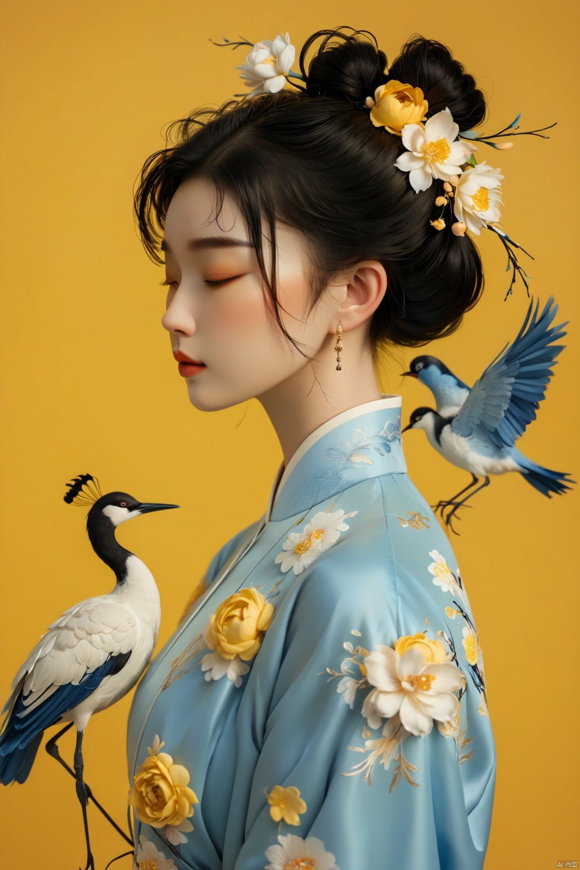 new chinese style,1girl,solo,closed eyes,black hair,hair bun,flower,bird,hair ornament,standing,blush,long sleeves,yellow background,crane (animal),double bun,blue flower,bangs,white flower, symmetrical composition,, masterpiece,best quality,very aesthetic,absurdres,