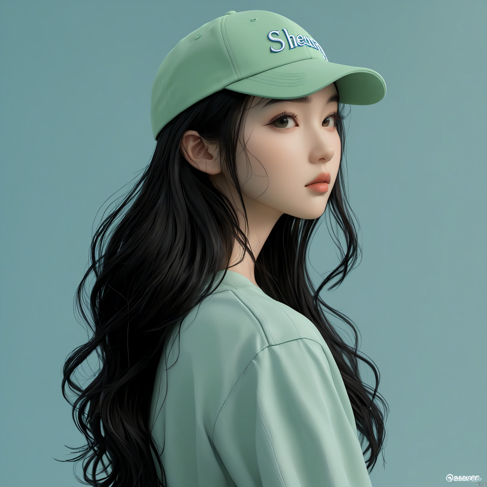  professional 3d model ((Asian girl with the word 'sheeny' on her baseball cap)), (profile), from the Side below, black hair, long hair, green shirt, Blue background, simple background, lineart, partially colored, (chibi), Extreme, . octane render, highly detailed, volumetric, dramatic lighting