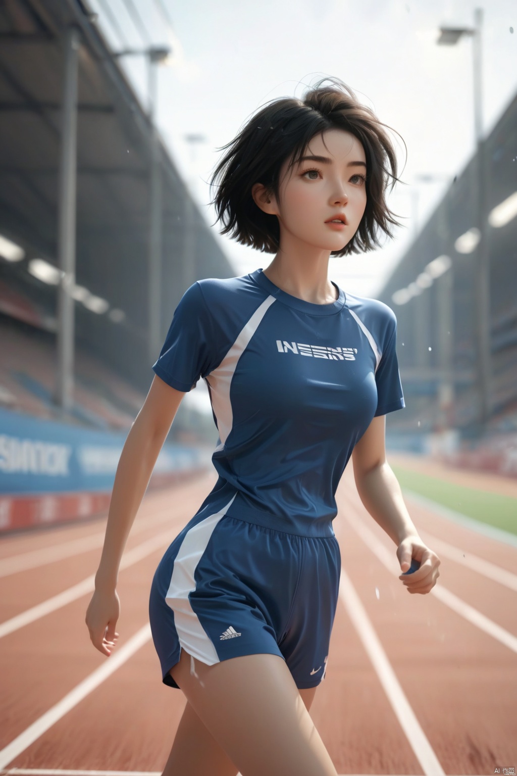 aniamte_color, PVC, (masterpiece), (best quality),(highly detailed), (ultra-detailed),illustration,(extremely detailed CG unity 8k wallpaper),motion blur,depth of field,outdoor,synthetic surface track,noon,huge_sun,(full_shot),(full_body),1girl,sporty style, dynamic, energetic, youthful, energetic,(blush),small_breasts,indigo_eyes,((glaring)),detailed_face,detailed_eyes,black_short_hair,straight_hair,sheer tight fitting clothing,tight fitting short sleeves,sheer tight fitting shorts,sneakers,bare_legs,slim_legs,running,((flying_sweatdrops)),huffing,((sweaty_booty)),((sweat)),((sweating)),(sweaty),((sweat_drops)),fatigued,running on synthetic surface track,high speed