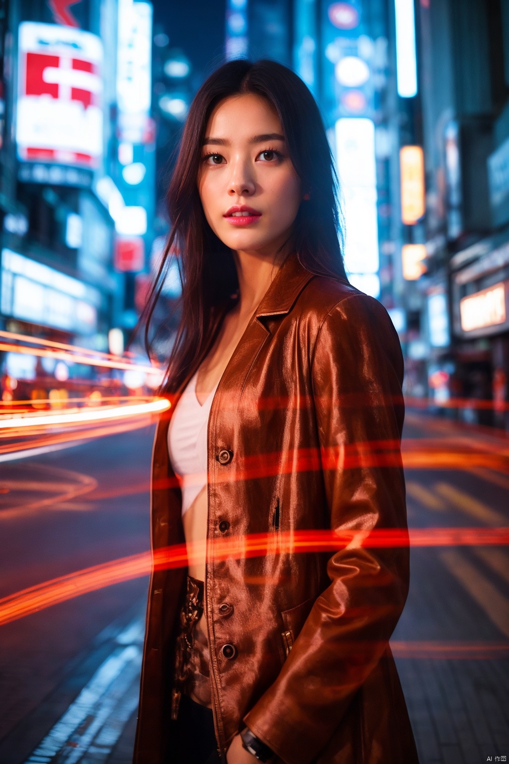 (longexposure\(photo\):1.15),1girl,solo,lips,parted lips,black hair,long hair,looking at viewer,realistic,cyberpunk city,