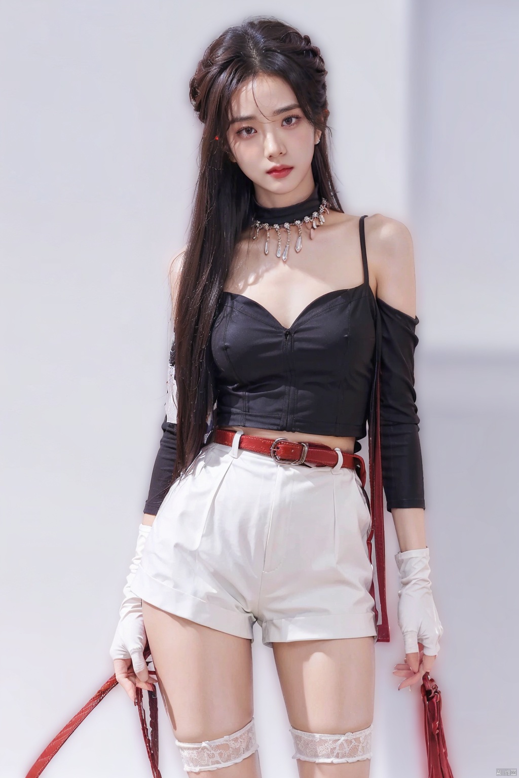  1girl, reisalin_stout, red_shorts, breasts, jewelry, brown_hair, shorts, gloves, solo, large_breasts, short_shorts, thighhighs, cleavage, necklace, braid, thigh_strap, key_necklace, hat, white_headwear, earrings, partially_fingerless_gloves, open_mouth, single_thighhigh, thighs, belt, brown_eyes, short_hair, jacket, bare_shoulders, blush, yellow_jacket, key, single_sidelock, bangs, looking_at_viewer, beret, sleeveless, black_ribbon, :o, black_thighhighs, sweat, side_braid, brown_belt, leather_belt, shirt, grey_background, leather_gloves, pouch, ribbon, black_gloves, white_shirt, brown_gloves, collarbone, thick_thighs, hand_on_hip, sleeveless_jacket, hair_ornament, maolilan,moyou, wangyushan, ((poakl))