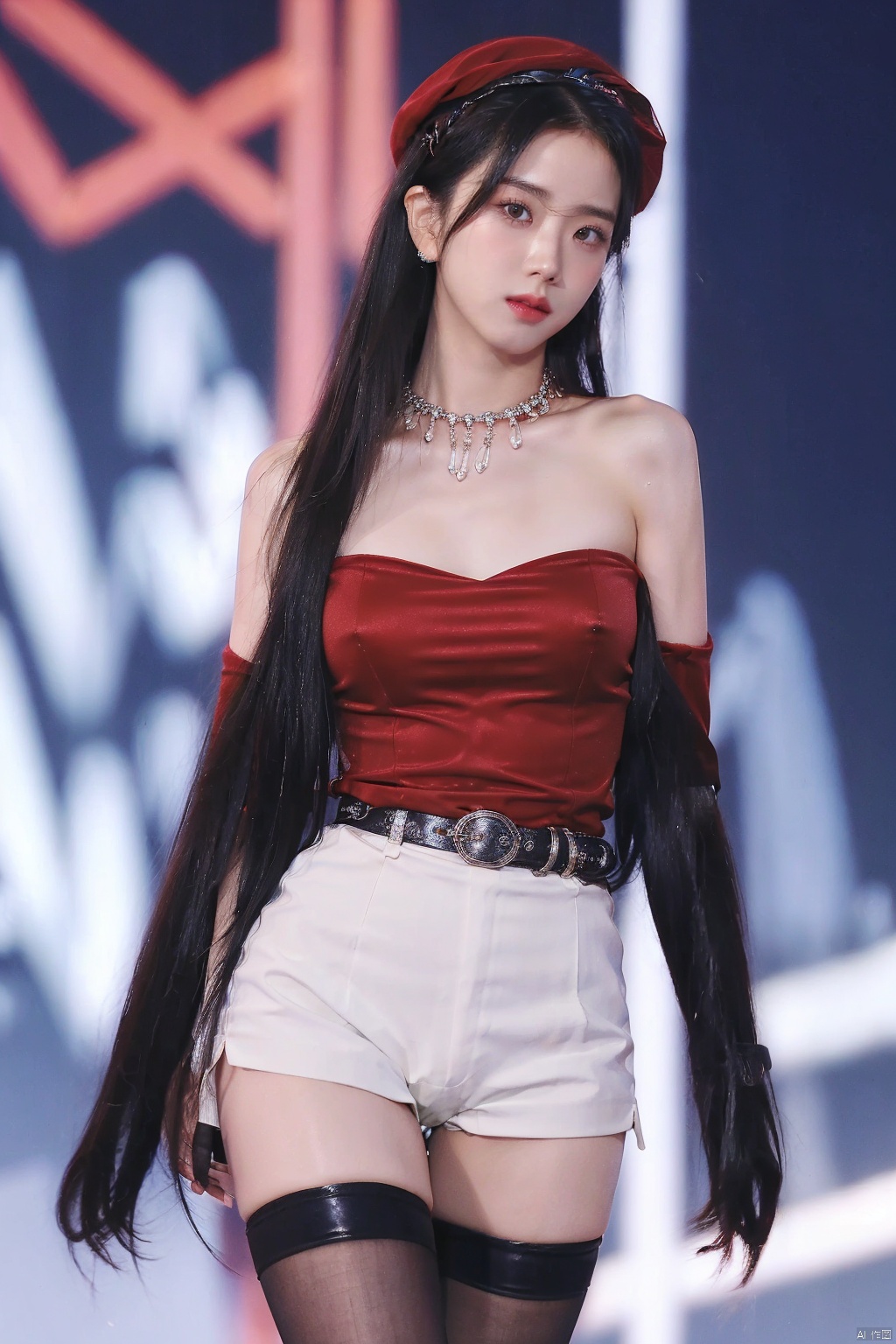  1girl, reisalin_stout, red_shorts, breasts, jewelry, brown_hair, shorts, gloves, solo, large_breasts, short_shorts, thighhighs, cleavage, necklace, braid, thigh_strap, key_necklace, hat, white_headwear, earrings, partially_fingerless_gloves, open_mouth, single_thighhigh, thighs, belt, brown_eyes, short_hair, jacket, bare_shoulders, blush, yellow_jacket, key, single_sidelock, bangs, looking_at_viewer, beret, sleeveless, black_ribbon, :o, black_thighhighs, sweat, side_braid, brown_belt, leather_belt, shirt, grey_background, leather_gloves, pouch, ribbon, black_gloves, white_shirt, brown_gloves, collarbone, thick_thighs, hand_on_hip, sleeveless_jacket, hair_ornament, maolilan,moyou, wangyushan, ((poakl))