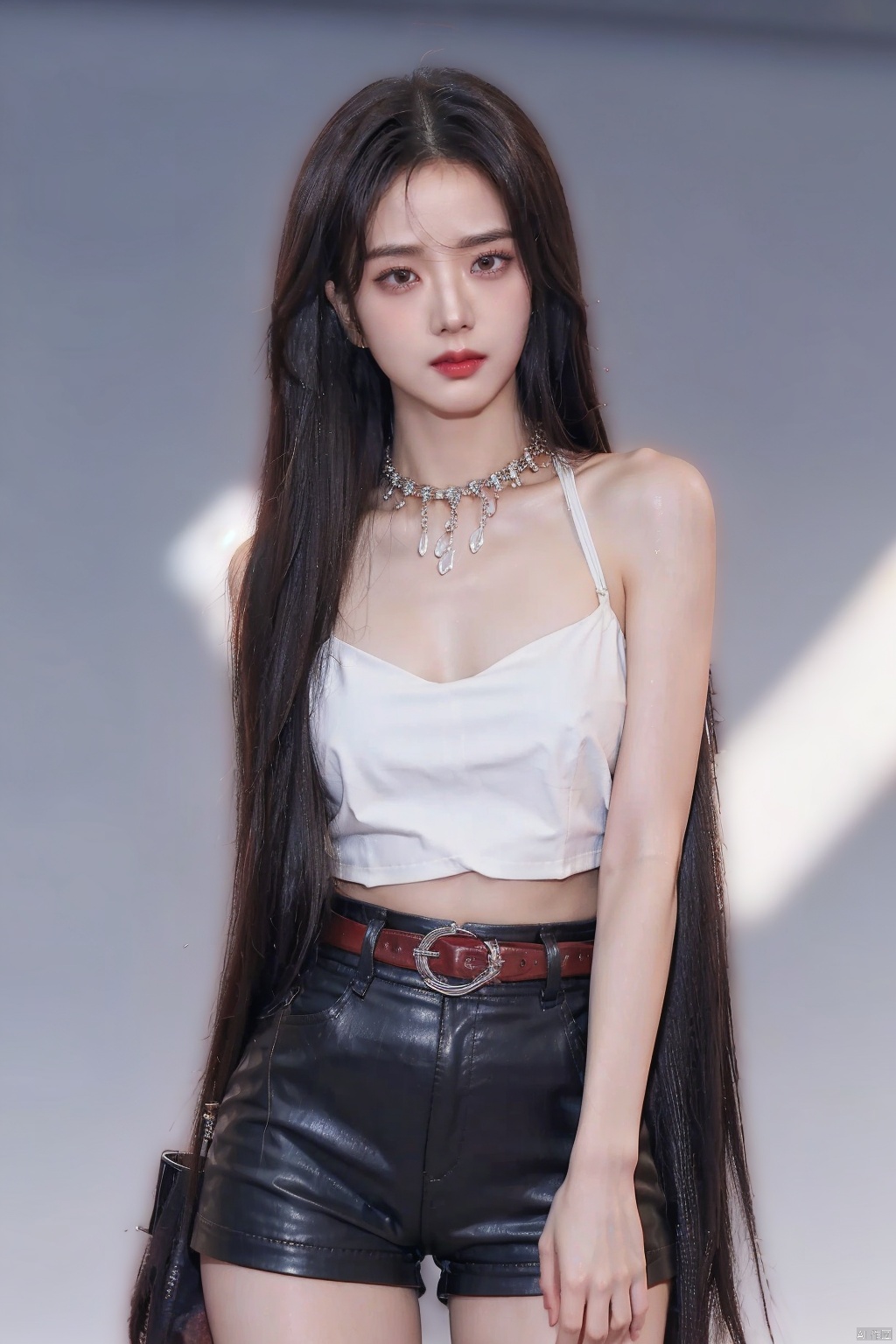  1girl, reisalin_stout, red_shorts, breasts, jewelry, brown_hair, shorts, gloves, solo, large_breasts, short_shorts, thighhighs, cleavage, necklace, braid, thigh_strap, key_necklace, hat, white_headwear, earrings, partially_fingerless_gloves, open_mouth, single_thighhigh, thighs, belt, brown_eyes, short_hair, jacket, bare_shoulders, blush, yellow_jacket, key, single_sidelock, bangs, looking_at_viewer, beret, sleeveless, black_ribbon, :o, black_thighhighs, sweat, side_braid, brown_belt, leather_belt, shirt, grey_background, leather_gloves, pouch, ribbon, black_gloves, white_shirt, brown_gloves, collarbone, thick_thighs, hand_on_hip, sleeveless_jacket, hair_ornament, maolilan,moyou, wangyushan, ((poakl))