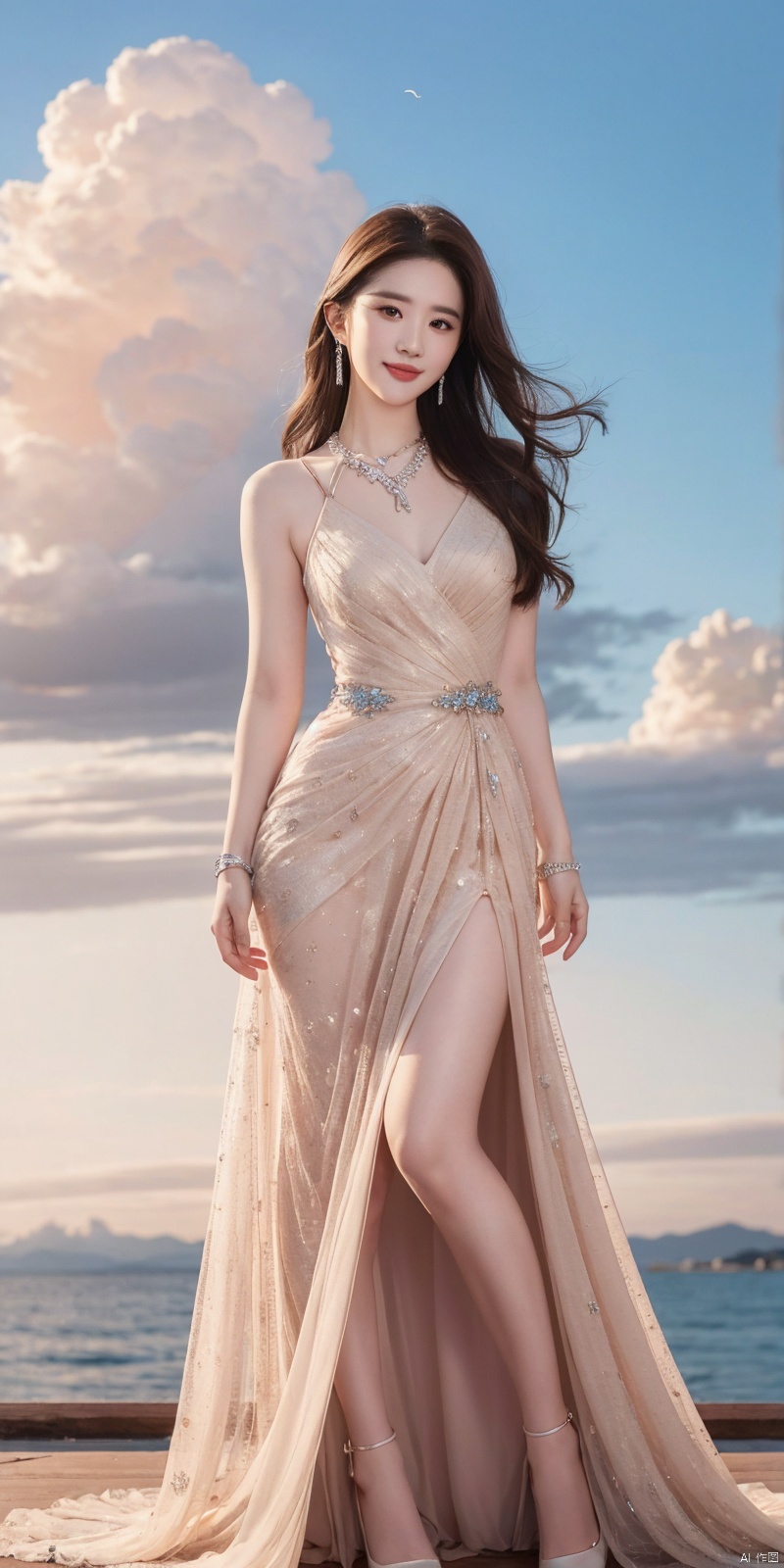  best quality, masterpiece, realistic, ,(Good structure), DSLR Quality,Depth of field,kind smile,looking_at_viewer,Dynamic pose, 

liuyifei, 1girl, solo, dress, jewelry, brown hair, long hair, necklace, cloud, standing, sky, full body, lips