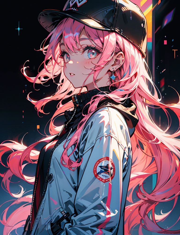 A beautiful girl wearing white and blue fashionable clothes. She has long white curly hair and a strand of pink hair. She...