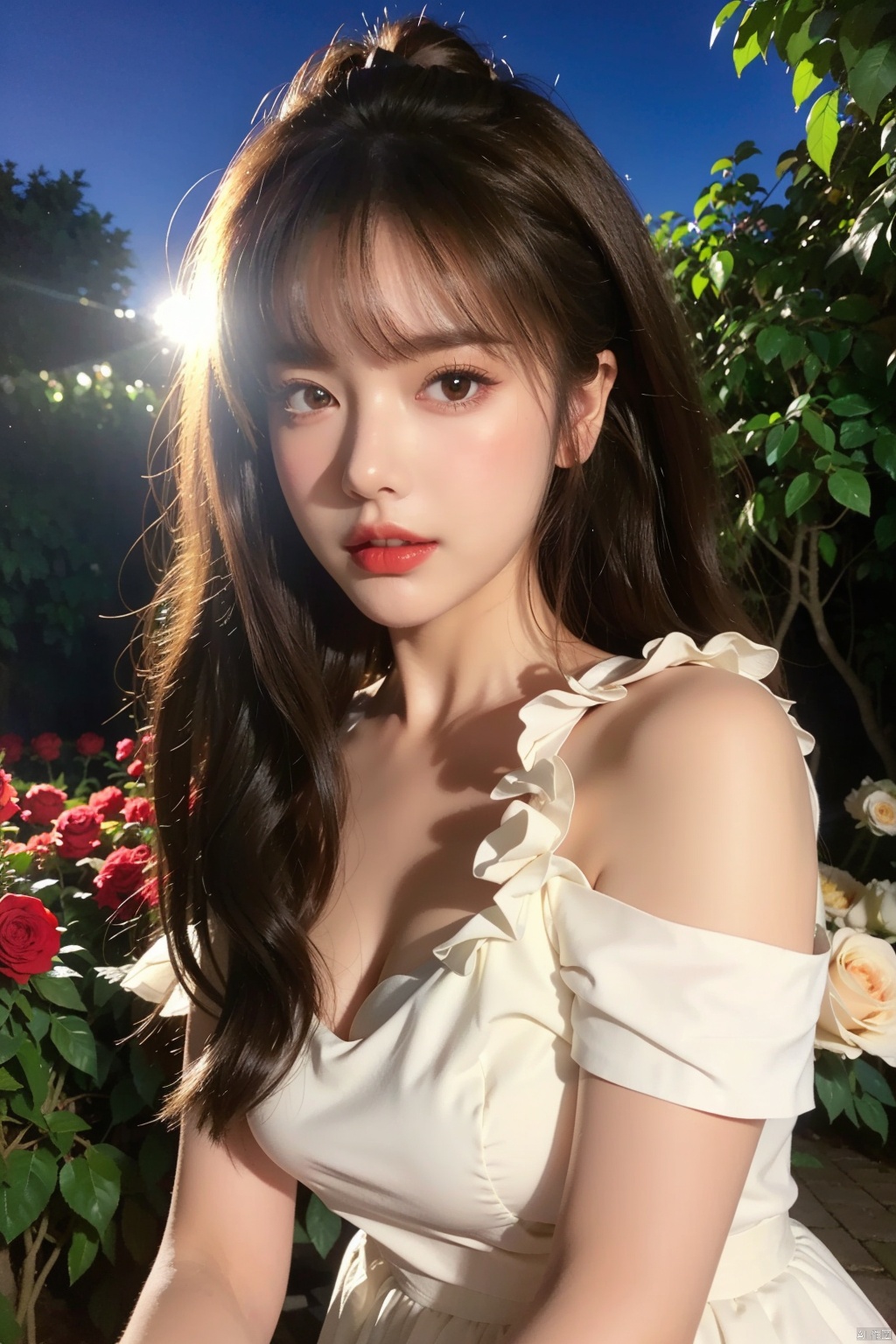 1 girl,solo,dress,flowers,white dress,long hair,fluffy sleeves,red flowers,short sleeves,roses,outdoor,sky,brown hair,natural,fluffy short sleeves,red lips,plants,lips,black hair,curly hair,trees,standing,shrubs,parted lips,red roses,(smoke),light,(night),,,