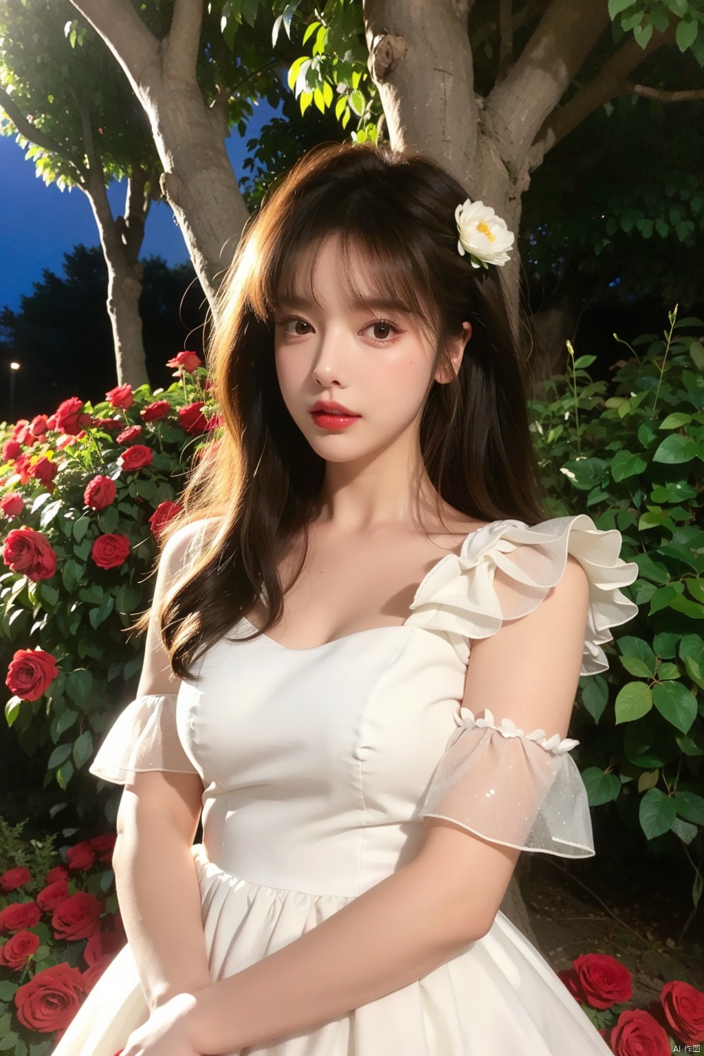1 girl,solo,dress,flowers,white dress,long hair,fluffy sleeves,red flowers,short sleeves,roses,outdoor,sky,brown hair,natural,fluffy short sleeves,red lips,plants,lips,black hair,curly hair,trees,standing,shrubs,parted lips,red roses,(smoke),light,(night),,,