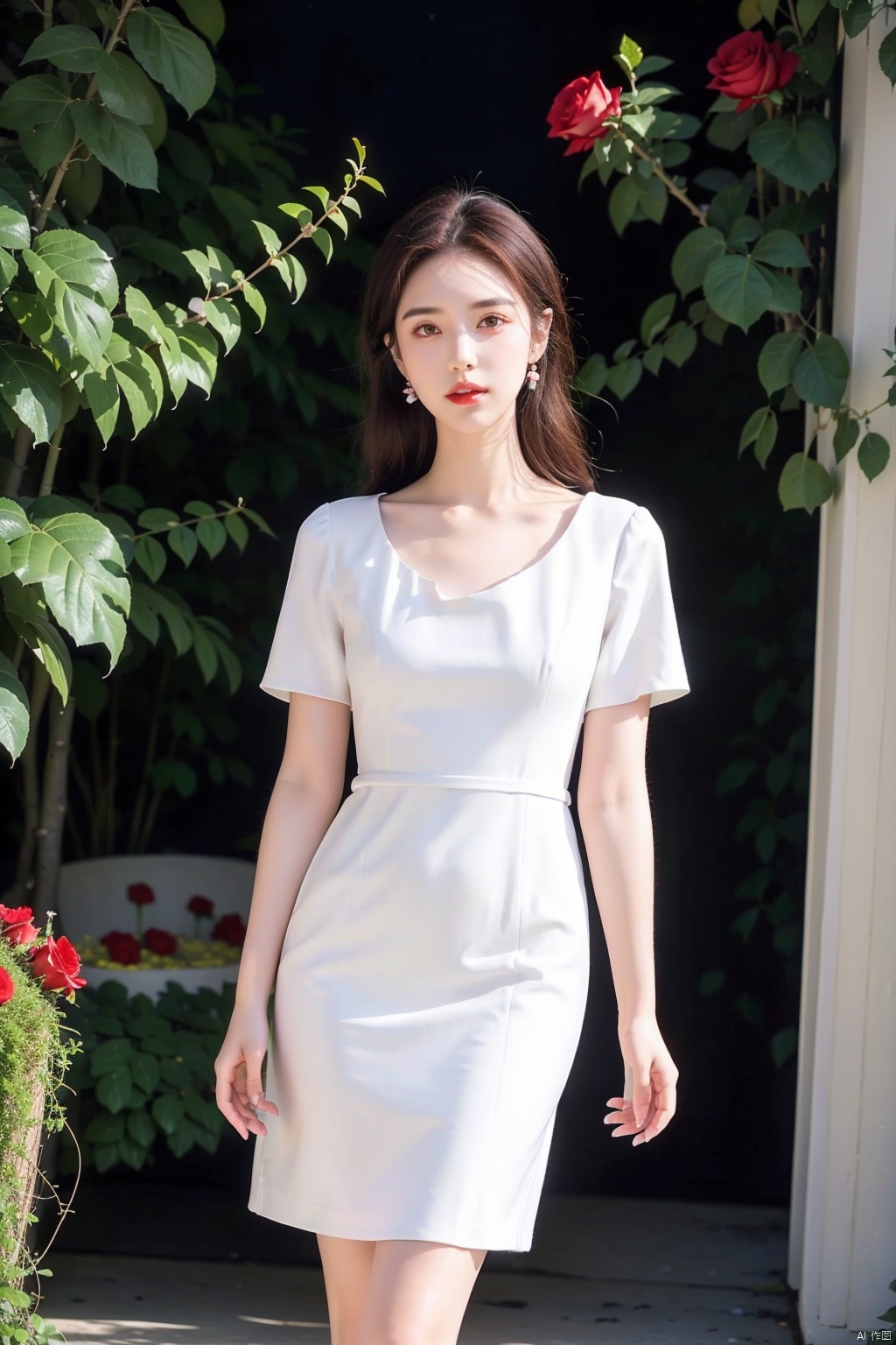 1 girl,solo,dress,flowers,white dress,long hair,fluffy sleeves,red flowers,short sleeves,roses,outdoor,sky,brown hair,natural,fluffy short sleeves,red lips,plants,lips,black hair,curly hair,trees,standing,shrubs,parted lips,red roses,(smoke),light,(night),,,