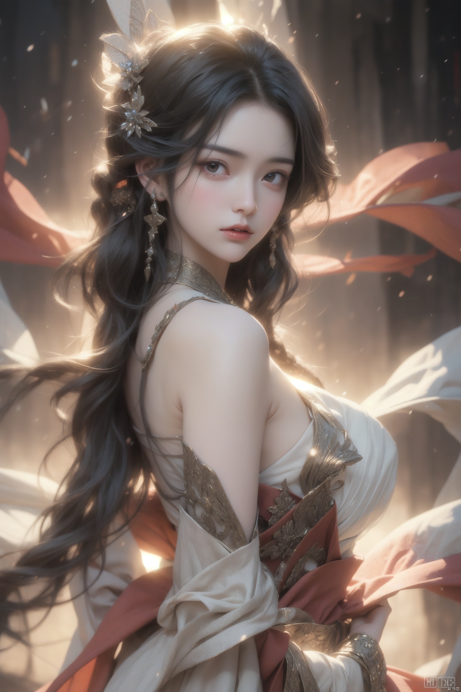 Softly lit young woman with raven-black hair adorned with ornaments gazes directly at the viewer with parted lips, her flowing white dress exposing bare shoulders and delicate jewelry accentuating her upper body. A braid cascades down her back, feathers adding whimsy to her elegance. Framed by a shawl wrapped around her neck, she exudes confidence and poise., posing against a subtle background, ((poakl))., pf-hd