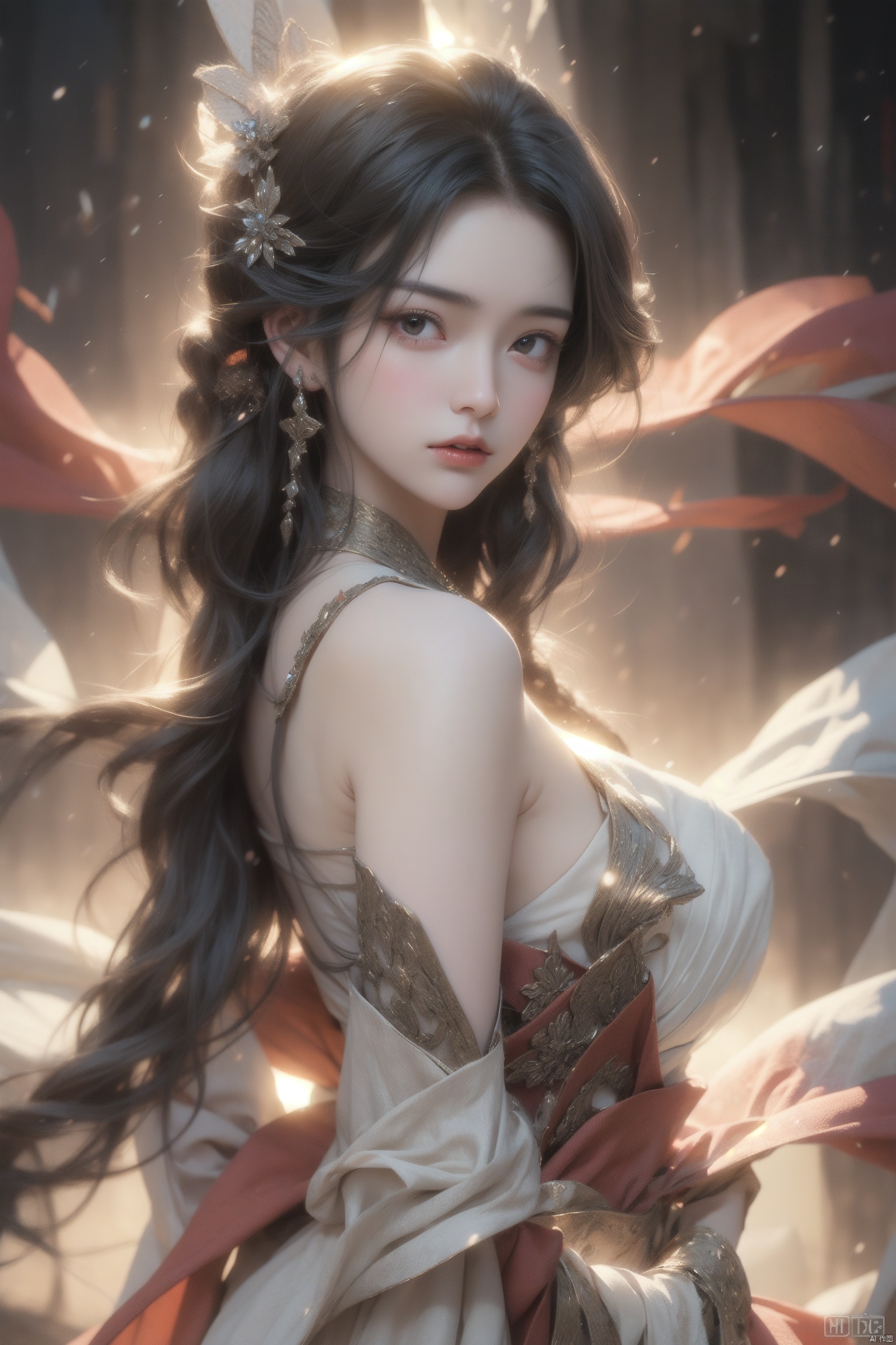 Softly lit young woman with raven-black hair adorned with ornaments gazes directly at the viewer with parted lips, her flowing white dress exposing bare shoulders and delicate jewelry accentuating her upper body. A braid cascades down her back, feathers adding whimsy to her elegance. Framed by a shawl wrapped around her neck, she exudes confidence and poise., posing against a subtle background, ((poakl))., pf-hd