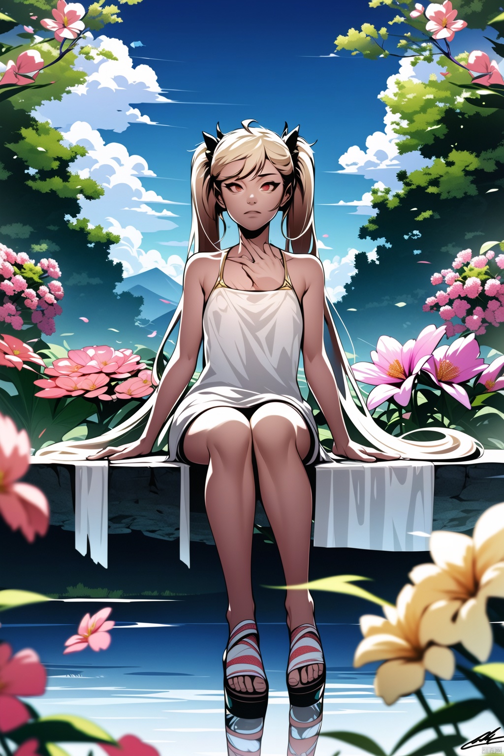 best quality, masterpiece, illustration, (reflection light), incredibly absurdres, ((Movie Poster), (signature:1.3), (English text), 1girl, girl middle of flower, pure sky,yellow hair, red eyes, twintails,clear sky, outside, collarbone, sitting, absurdly long hair, clear boundaries of the cloth, white dress, fantastic scenery, ground of flowers, thousand of flowers, colorful flowers, flowers around her, various flowers,bare shoulders,skirt, sandals,