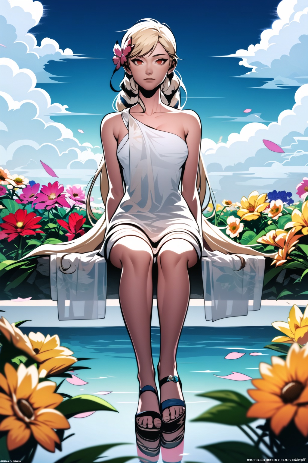 best quality, masterpiece, illustration, (reflection light), incredibly absurdres, ((Movie Poster), (signature:1.3), (English text), 1girl, girl middle of flower, pure sky,yellow hair, red eyes, twintails,clear sky, outside, collarbone, sitting, absurdly long hair, clear boundaries of the cloth, white dress, fantastic scenery, ground of flowers, thousand of flowers, colorful flowers, flowers around her, various flowers,bare shoulders,skirt, sandals,