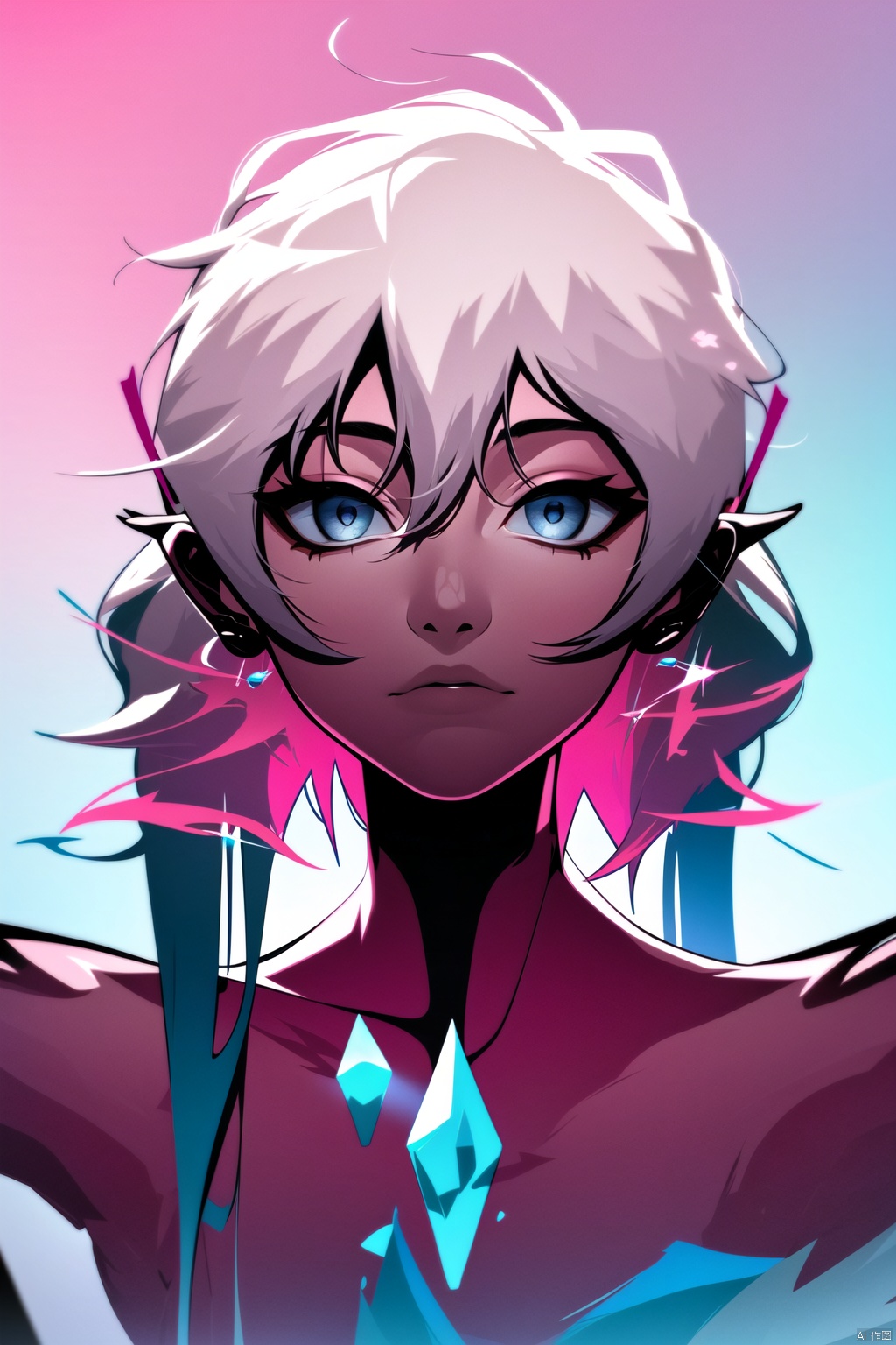 1girl,solo,BIG EYES,portrait of a girl,sliver gradient hair,(sliver hair:1.1),(light blue hair:1.1),(pink hair:1.2),((solid color background:1.3)),beautiful detailed glow,(detailed ice),beautiful detailed water,