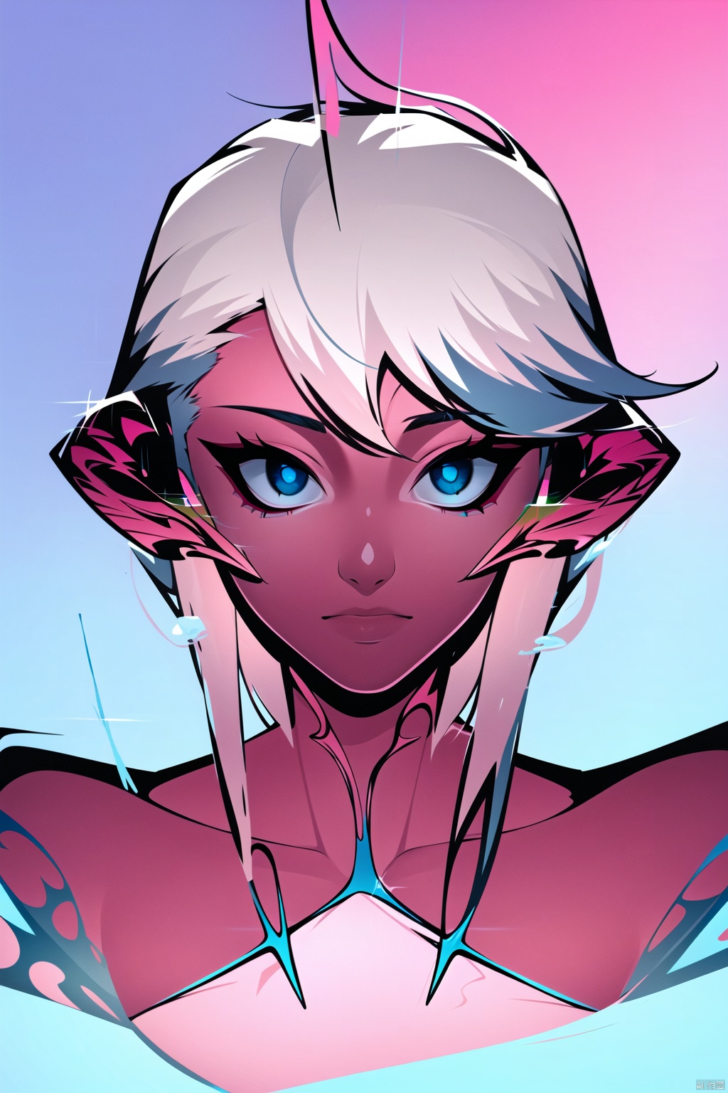 1girl,solo,BIG EYES,portrait of a girl,sliver gradient hair,(sliver hair:1.1),(light blue hair:1.1),(pink hair:1.2),((solid color background:1.3)),beautiful detailed glow,(detailed ice),beautiful detailed water,