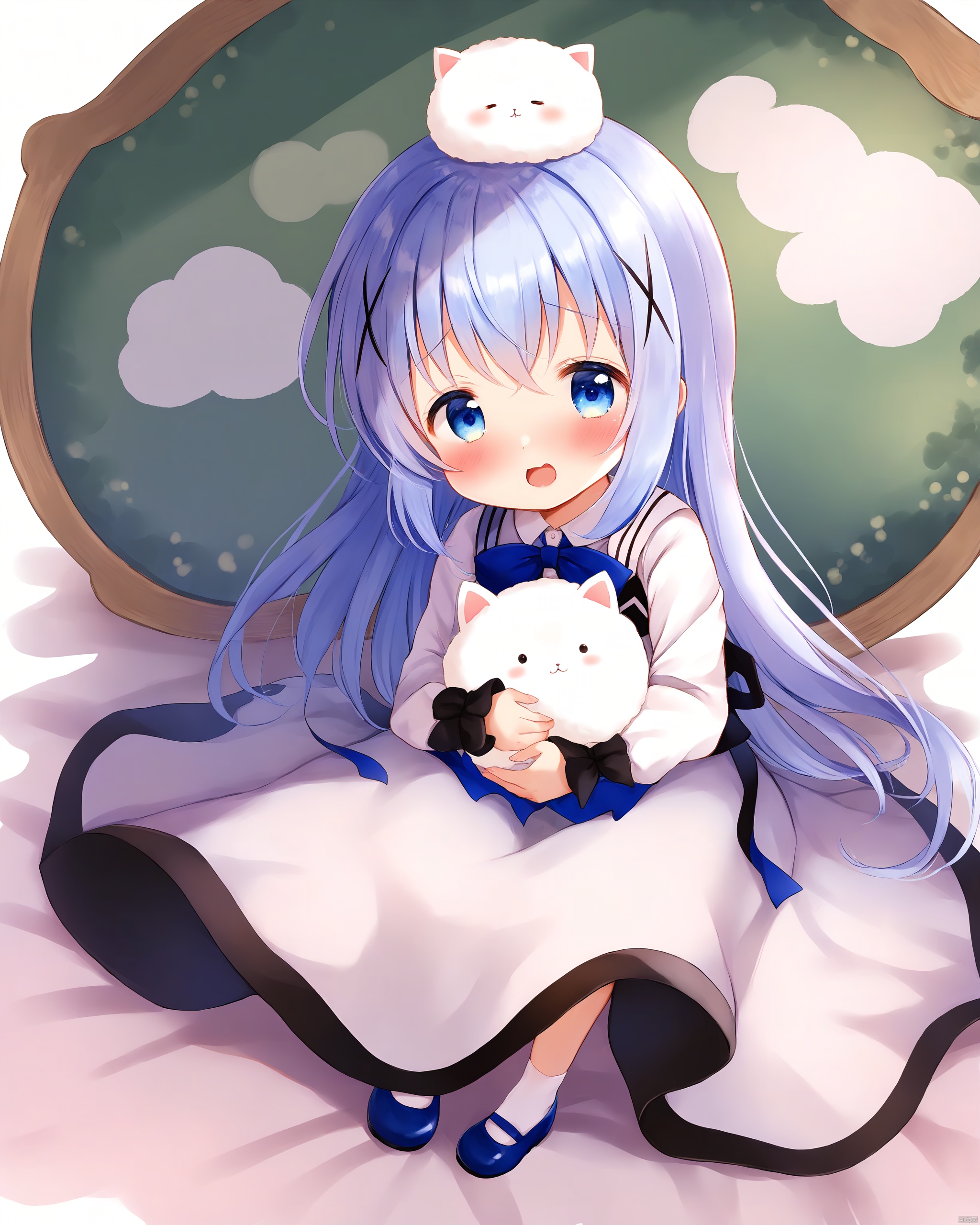 gochuumon_wa_usagi_desu_ka?,1girl, animal, black_ribbon, black_shirt, blue_eyes, blue_footwear, blue_hair, blue_vest, closed_eyes, embarrassed, gochuumon_wa_usagi_desu_ka?, holding, holding_animal, holding_rabbit, kafuu_chino, kawaiyutaro, light_blue_hair, light_blush, long_hair, long_skirt, long_sleeves, open_mouth, rabbit, rabbit_house_uniform, ribbon, shirt, skirt, tippy_\(gochiusa\), vest, waitress, white_background, white_shirt, white_skirt