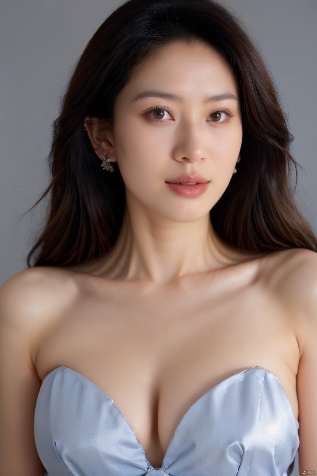 1girl, cleavage,hug breasts,Breast lateral leakage,earrings, solo, Low cut evening gown,jewelry, blue_background, realistic, upper_body, sleeveless, lips, long_hair, brown_eyes, big breasts, evening dress, looking_at_viewer, nose, black_hair, ( chiaroscuro,Fujicolor, UHD, super detail ,raw,85mm,f/1.2,FujifilmXT4,),