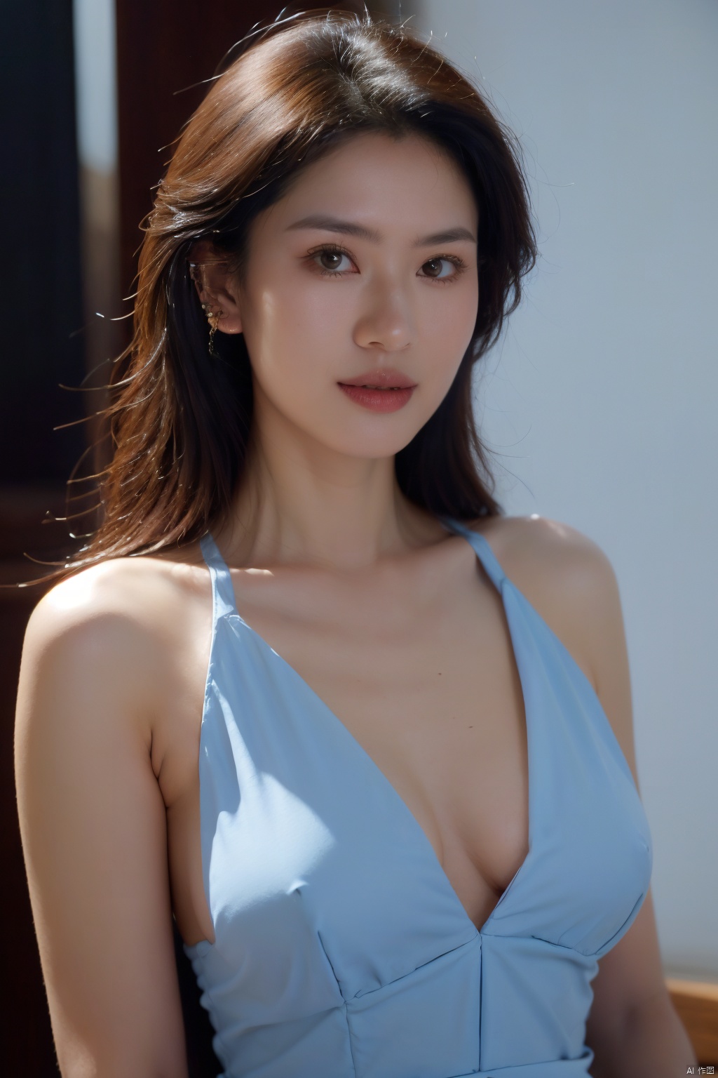 1girl, cleavage,hug breasts,Breast lateral leakage,earrings, solo, Low cut evening gown,jewelry, blue_background, realistic, upper_body, sleeveless, lips, long_hair, brown_eyes, big breasts, evening dress, looking_at_viewer, nose, black_hair, ( chiaroscuro,Fujicolor, UHD, super detail ,raw,85mm,f/1.2,FujifilmXT4,),