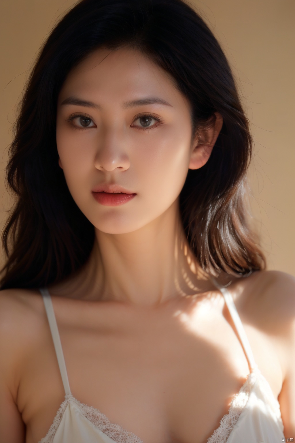 1girl, solo, long_hair, lips, realistic, closed_mouth, black_hair,
( chiaroscuro,Fujicolor, UHD, super detail ,raw,85mm,f/1.2,FujifilmXT4,),