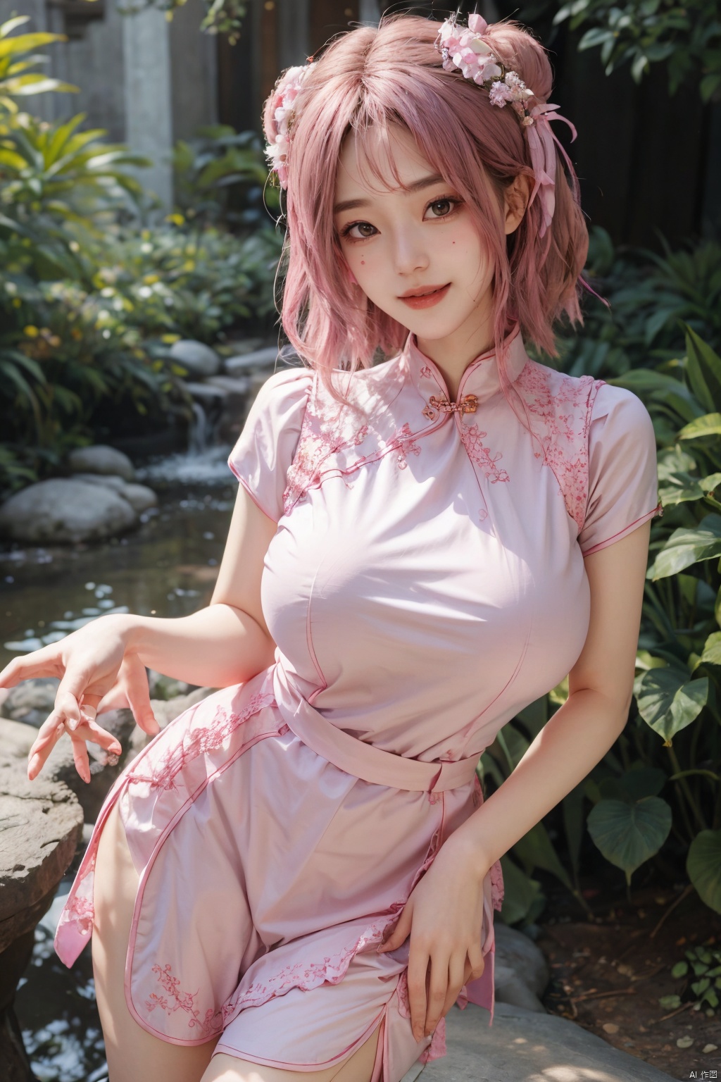  best quality, masterpiece,Depth of field,kind smile,looking_at_viewer,Dynamic pose,RAW photo,1girl,Xcheongsam,(big breasts:1.59),(pink dress:1.23),X-Hydrangea,Yunxiao_Fairy,X-ziling