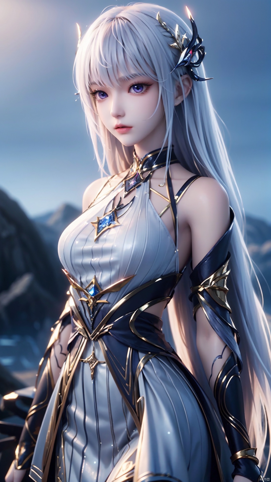 1girl, long hair, solo, purple eyes, white hair, white dress, standing, looking at viewer, perfect body, scenery, sharp focus, best quality, masterpiece, detailed outfit, illustration, perfect eyes, finely detailed beautiful anime eyes, realistic skin, intricate details, best lighting, depth of field, ultra high resolution,cowboy_shot, dynamic pose, dynamic angle,