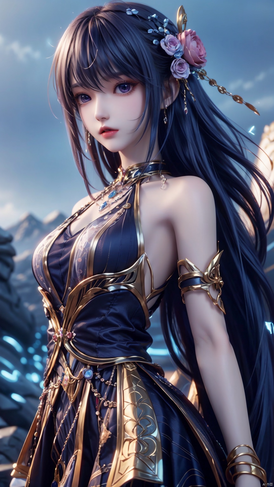 1girl, blue hair, solo, hair ornament, blue eyes, bare shoulders, jewelry, long hair, necklace, strapless skirt, flower, hair flower, perfect body, scenery, sharp focus, best quality, masterpiece, detailed outfit, illustration, perfect eyes, finely detailed beautiful anime eyes, realistic skin, intricate details, best lighting, depth of field, ultra high resolution,cowboy_shot, dynamic pose, dynamic angle,