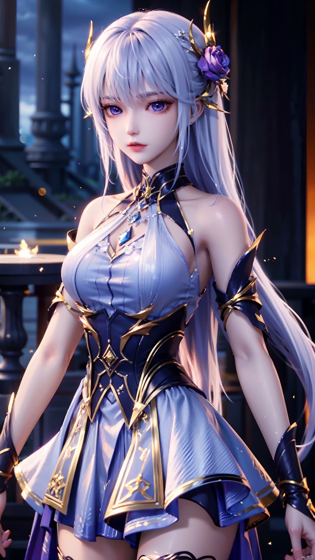 1girl, long hair, solo, purple eyes, white hair, white dress, standing, looking at viewer, perfect body, scenery, sharp focus, best quality, masterpiece, detailed outfit, illustration, perfect eyes, finely detailed beautiful anime eyes, realistic skin, intricate details, best lighting, depth of field, ultra high resolution,cowboy_shot, dynamic pose, dynamic angle,