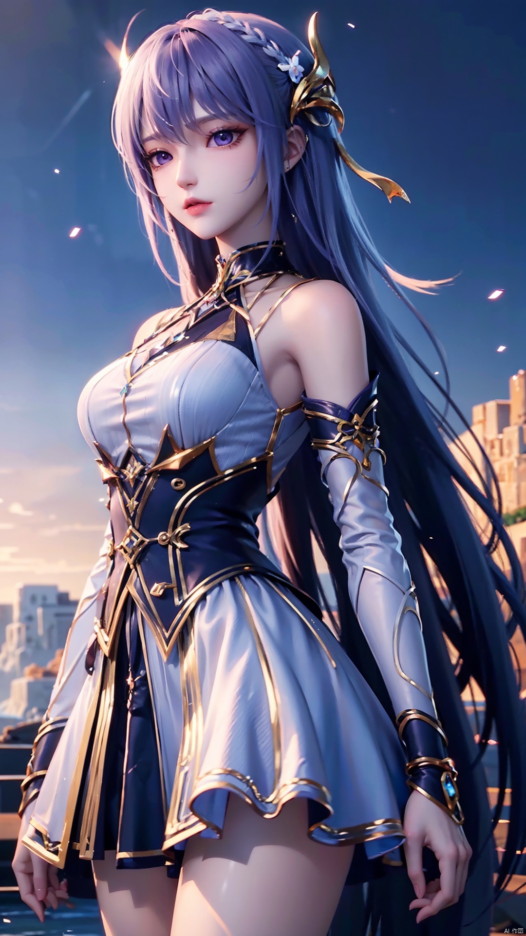 1girl, long hair, solo, purple eyes, white hair, white dress, standing, looking at viewer, perfect body, scenery, sharp focus, best quality, masterpiece, detailed outfit, illustration, perfect eyes, finely detailed beautiful anime eyes, realistic skin, intricate details, best lighting, depth of field, ultra high resolution,cowboy_shot, dynamic pose, dynamic angle,