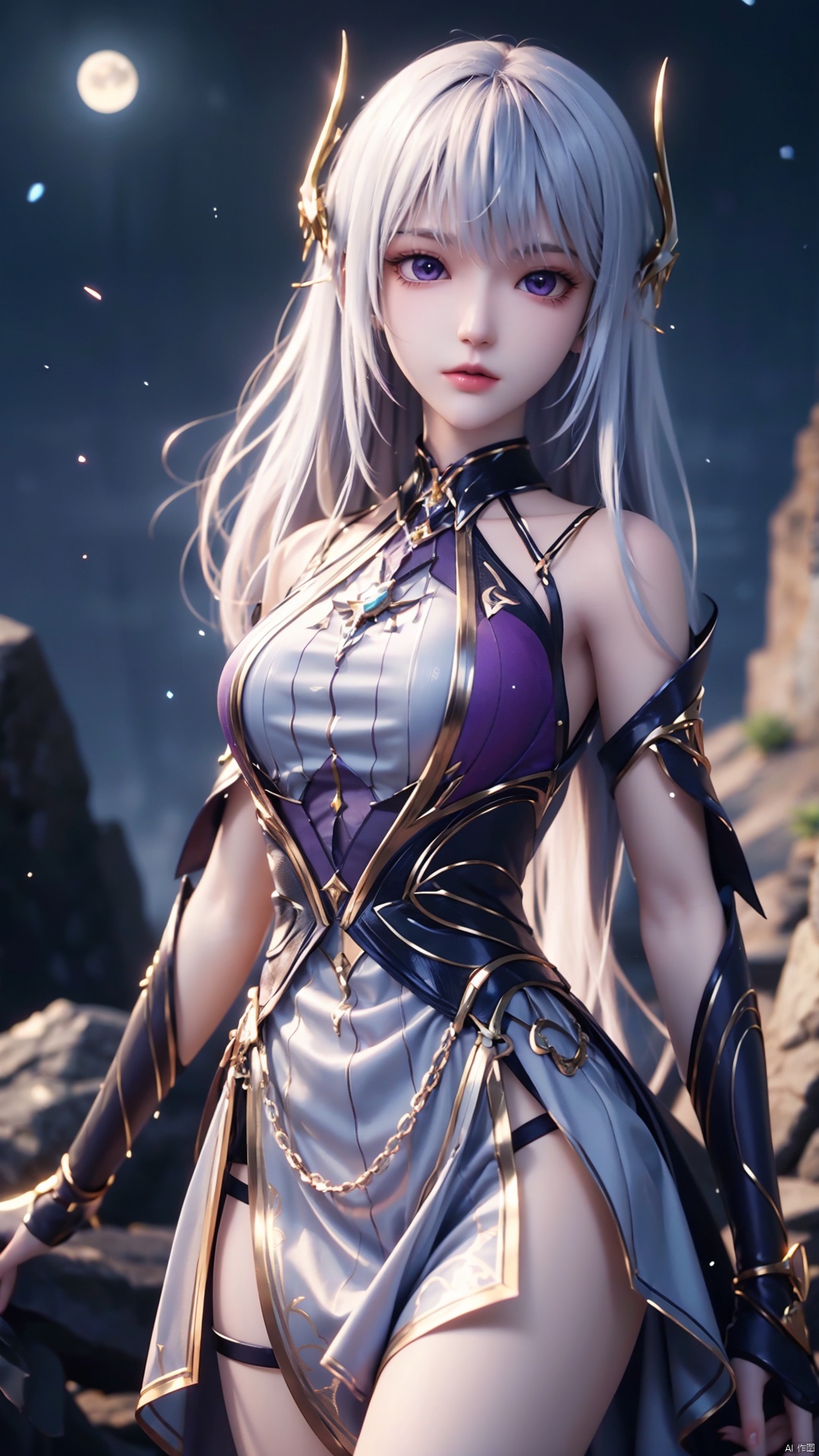 1girl, solo, purple eyes, white dress, long hair, white hair, moon, looking at viewer, red moon, perfect body, scenery, sharp focus, best quality, masterpiece, detailed outfit, illustration, perfect eyes, finely detailed beautiful anime eyes, realistic skin, intricate details, best lighting, depth of field, ultra high resolution,cowboy_shot, dynamic pose, dynamic angle,