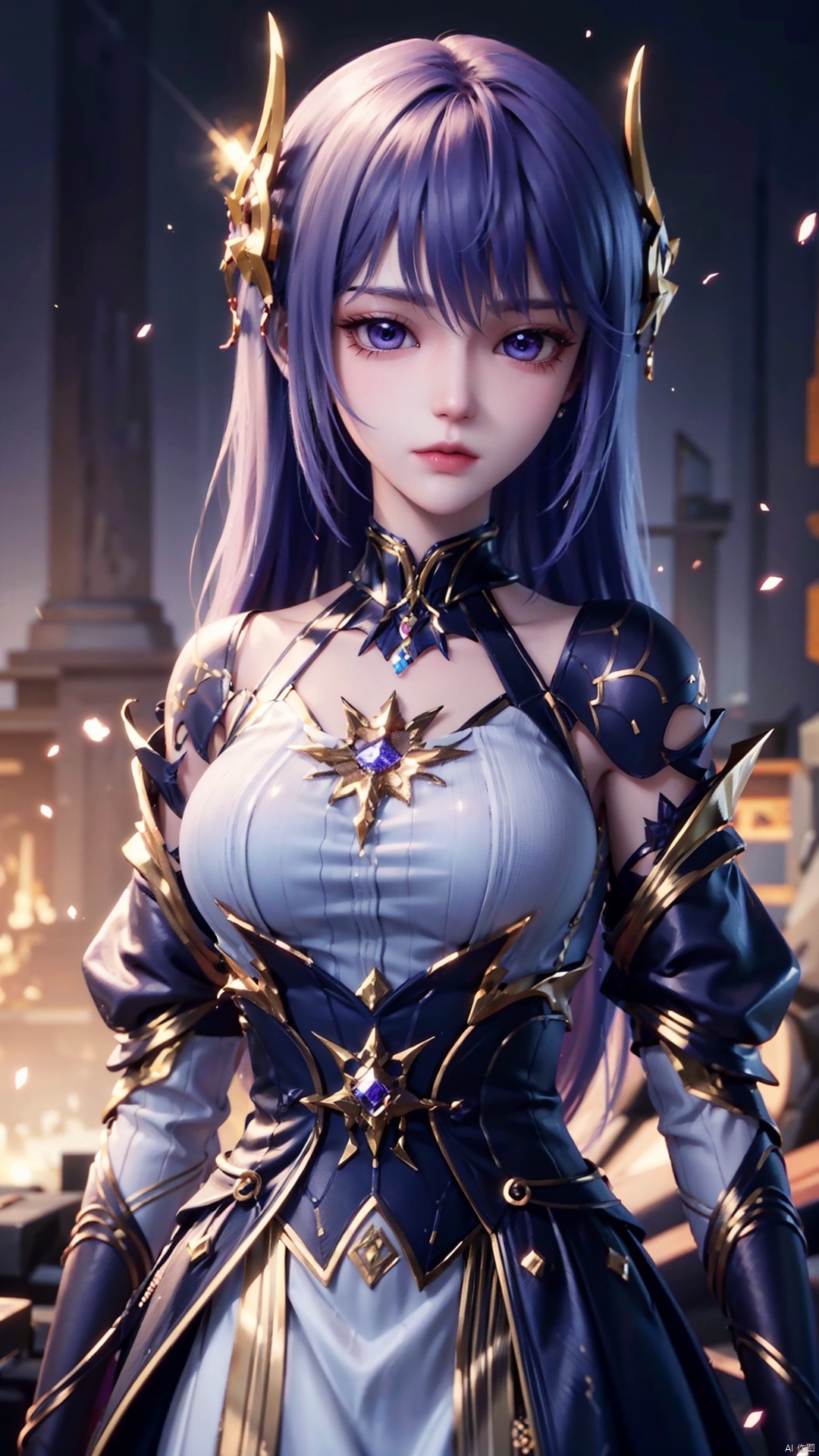 1girl, long hair, solo, purple eyes, white hair, white dress, standing, looking at viewer, perfect body, scenery, sharp focus, best quality, masterpiece, detailed outfit, illustration, perfect eyes, finely detailed beautiful anime eyes, realistic skin, intricate details, best lighting, depth of field, ultra high resolution,cowboy_shot, dynamic pose, dynamic angle,