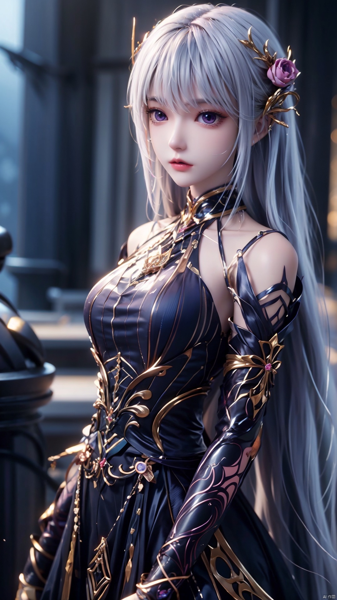 1girl, long hair, solo, purple eyes, white hair, white dress, standing, looking at viewer, perfect body, scenery, sharp focus, best quality, masterpiece, detailed outfit, illustration, perfect eyes, finely detailed beautiful anime eyes, realistic skin, intricate details, best lighting, depth of field, ultra high resolution,cowboy_shot, dynamic pose, dynamic angle,